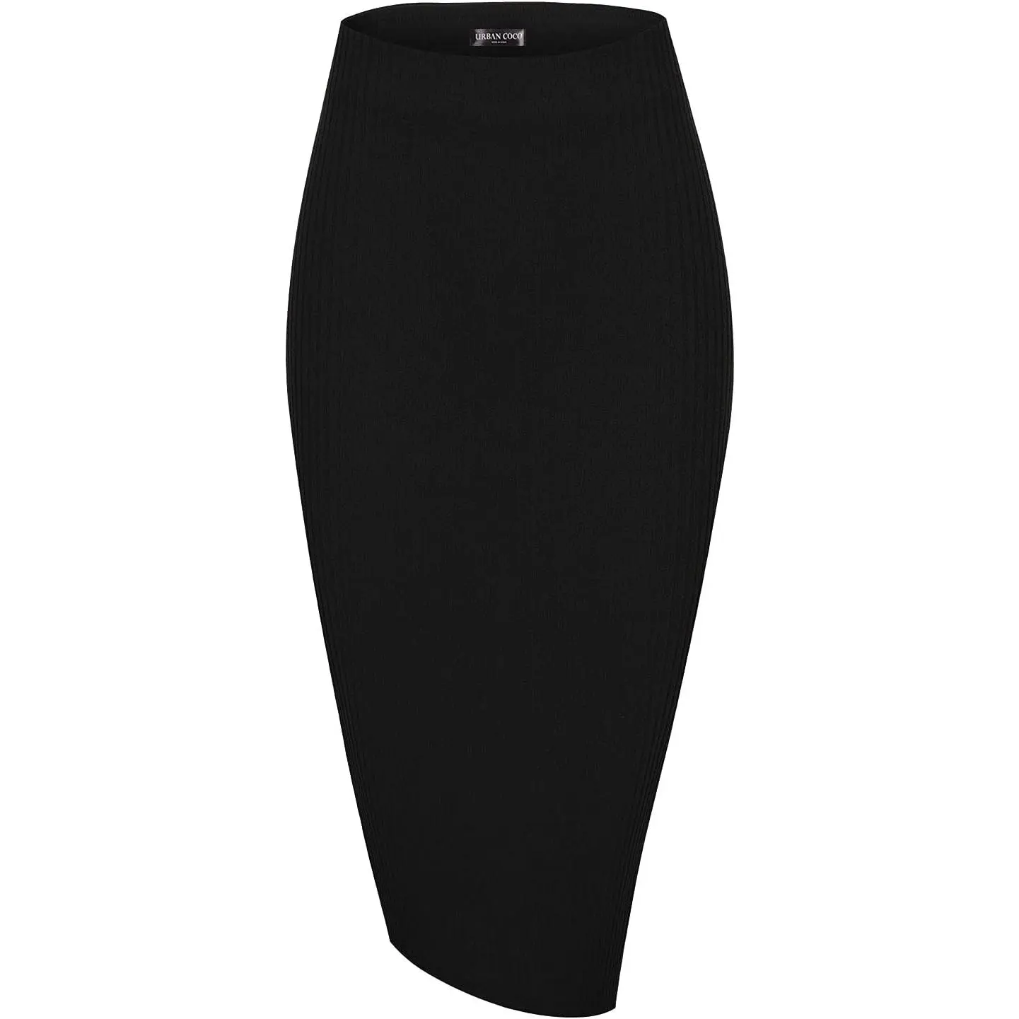 Women's High Waist Stretch Ribbed Knit Pencil Skirt Midi Length with Side Slit Office Work Bodycon Style