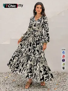 Women's Boho Floral Print Lantern Sleeve Dress, Fitted Waist Tie Design, Loose Fit Comfortable Casual Long Sleeve Dress for Fall Winter