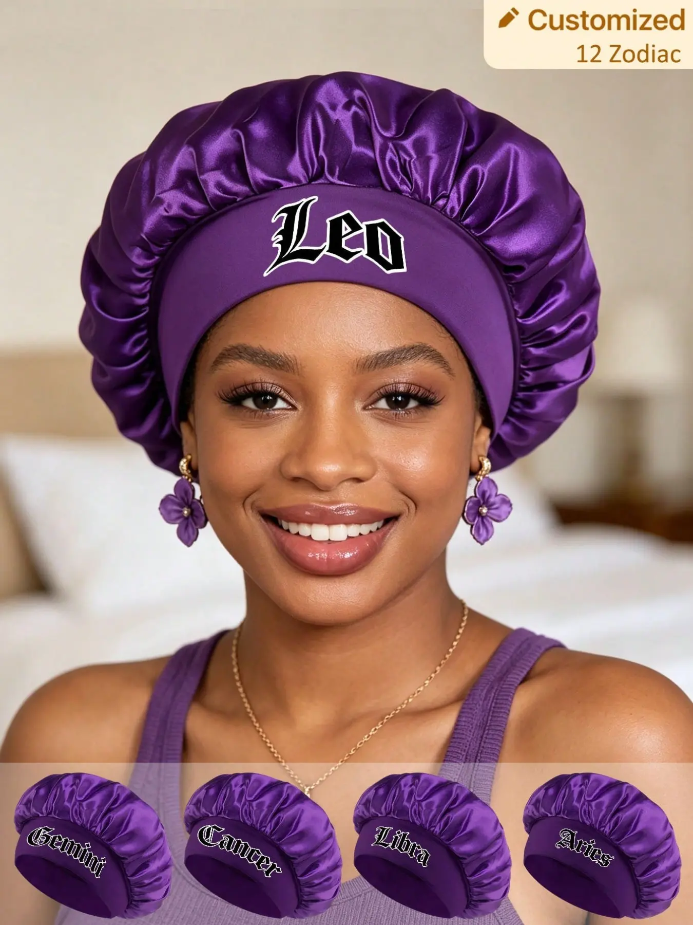 1PC Purple Satin Sleep Bonnet With Custom 12 Constellation Patterns, Soft Glossy Hair Care Cap, Multi-Purpose Hair Wrap For All-Night Hair Protection And Daily Skincare, Heartwarming Gift For Graduation Season, Christmas And New Year, Haircare