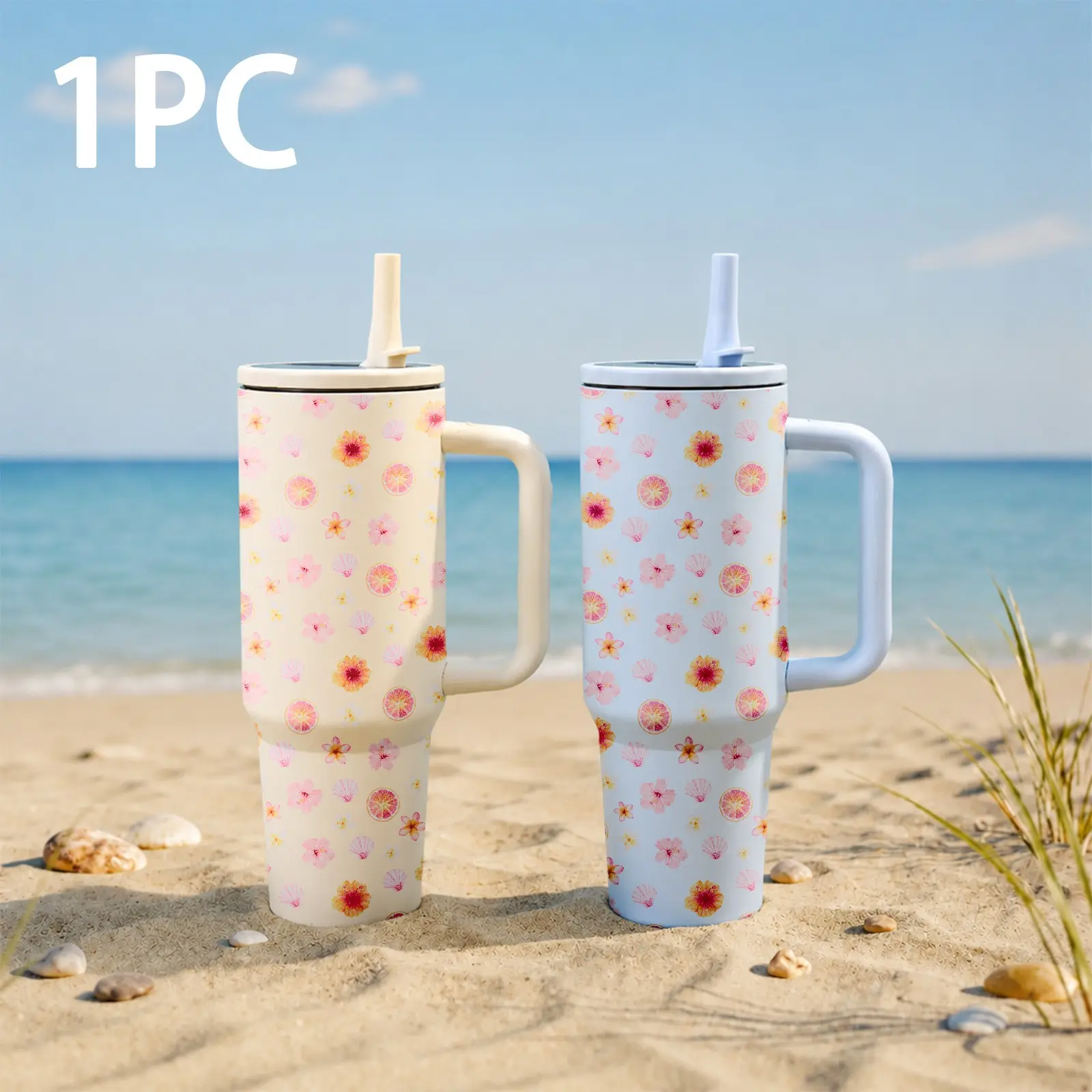1PC 40oz Tropical Floral Tumbler with Handle and Straw, Insulated Stainless Steel Travel Mug, Hibiscus Citrus Seashell Print, Reusable Large Capacity Cup for Women, Summer Beach, Car, Office and Daily Hydration