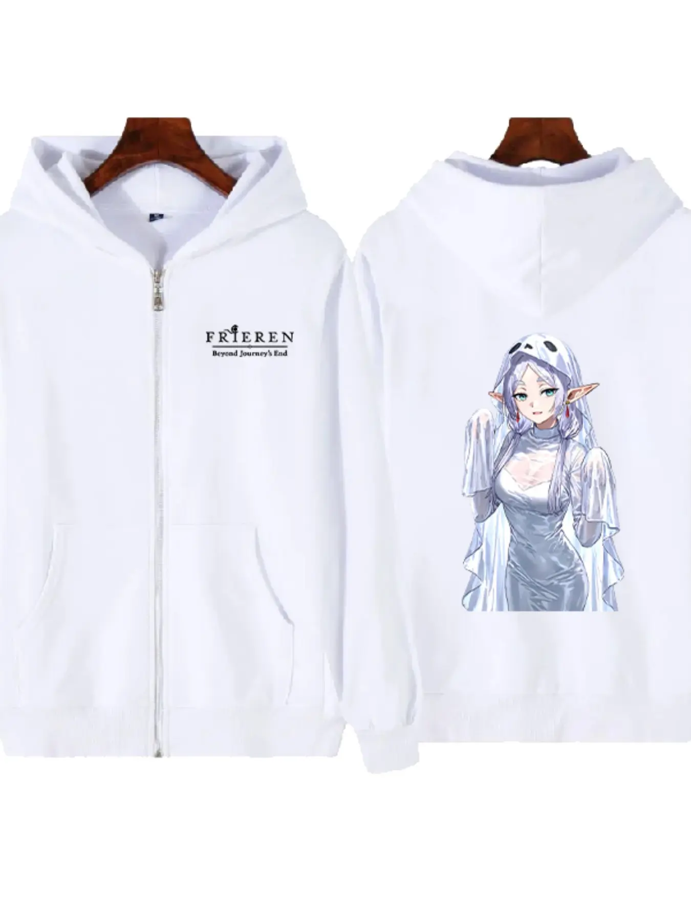 Frieren Ghost Costume Anime Print Zipper Jacket, Shoulder Drop Loose Fit Casual Open Front Hoodie, All Seasons Secondary Universe