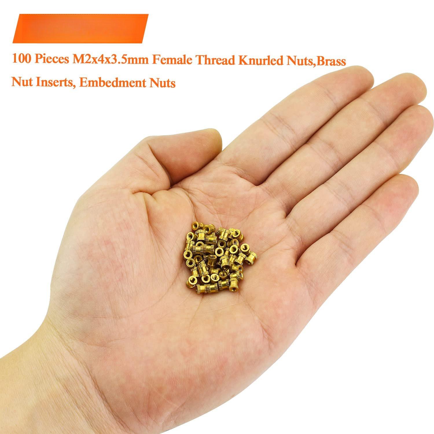100 count Brass Nut Inserts, Knurled Threaded Inserts, Embed , Embedment Nuts, Female Thread Brass Nuts for Printing Injection Molding Projects (M2x4x3.5mm) 100 count Brass Nut Inserts, Knurled Threaded Inserts, Embed , Embedment Nuts, Female Thread Brass Nuts for Printing Injection Molding Projects (M2x4x3.5mm)