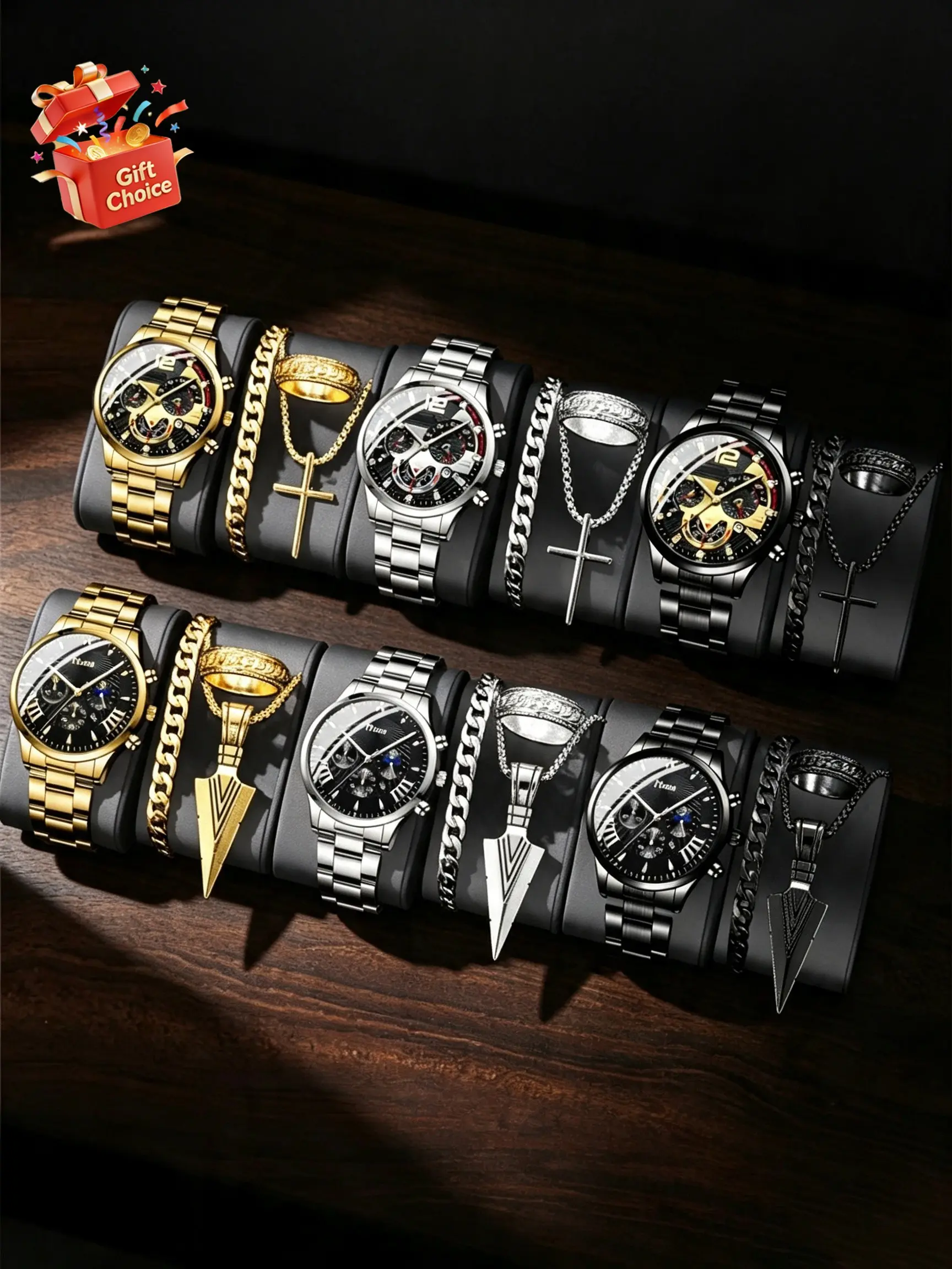 24-Piece Men's Luxury Zinc Alloy Watch Band Quartz Analog Watch Set, Trendy Necklace Bracelet Ring Set, Father's Day Birthday Gift