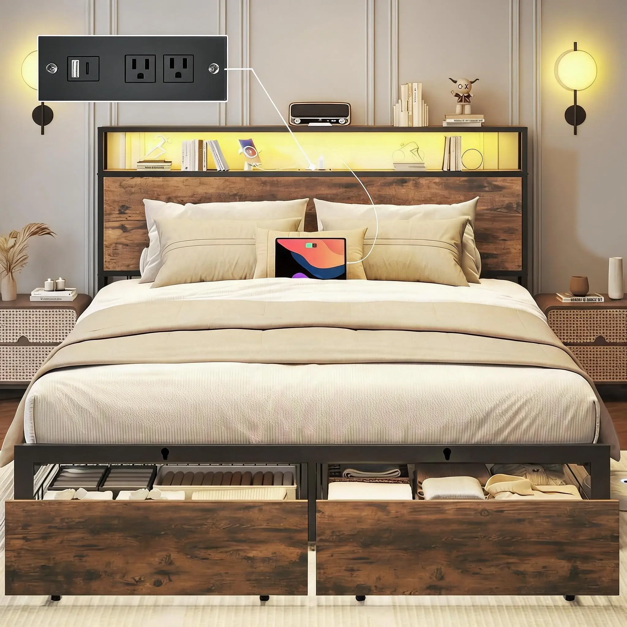 Queen Size Brown Iron All-In-1 Storage Bed Frame - 2-Tier Headboard, 2 Magnetic Underbed Drawers, Built-In Dual Outlets & USB Charging Station, Remote-Controlled LED Lights, Silent Sturdy Metal Slats, No Box Spring Needed, Easy Assembly (US Wall Plug)
