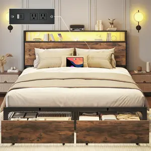 Brown Iron Queen Size All-In-One Storage Bed Frame, 2-Tier Headboard 2 Magnetic Underbed Drawers, Built-In Dual Outlets USB Charging Station Remote LED Lights, Silent Sturdy Metal Slats No Box Spring Needed Easy Assembly for Household Bedroom Wall Plug US