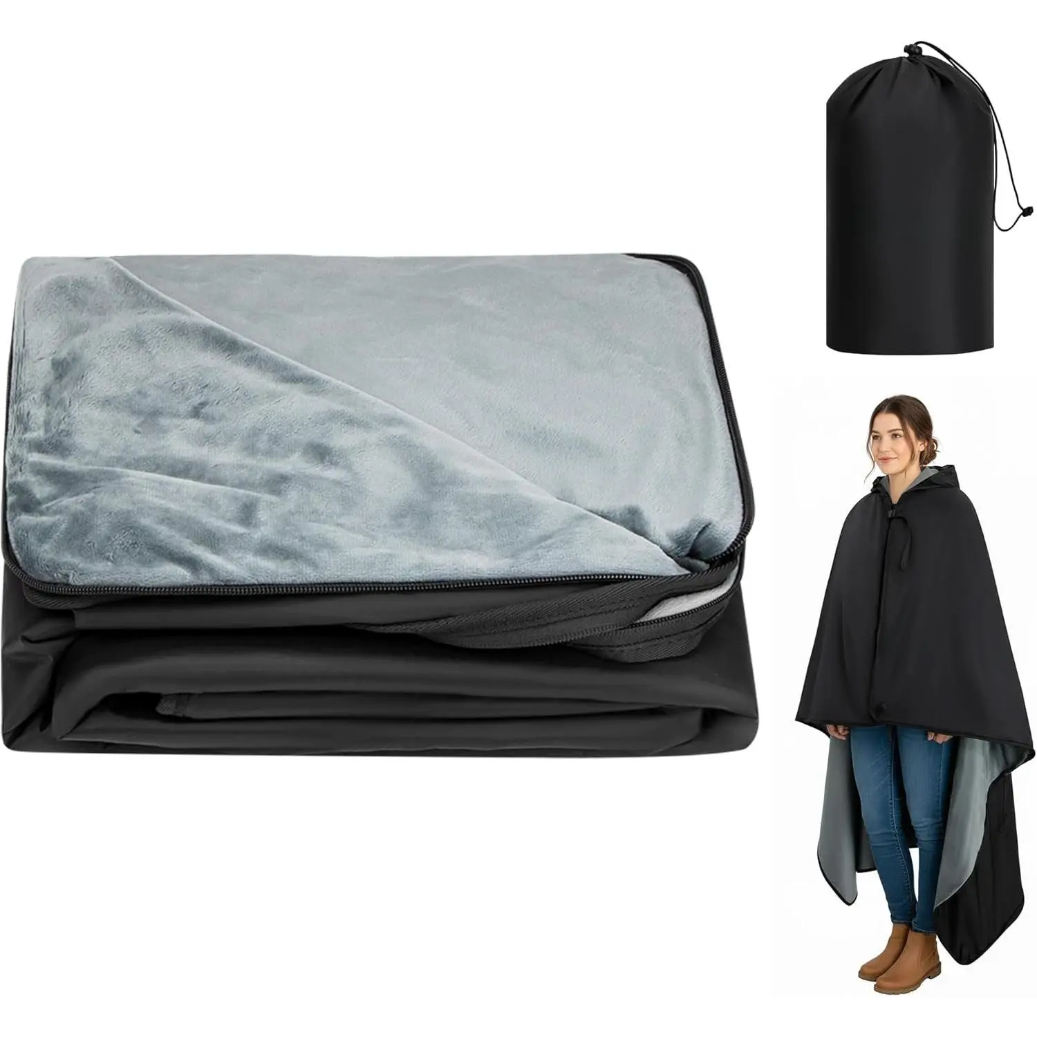 Large Camping Blanket, Hooded Stadium Blanket with   Lining,  Windproof Warm Outdoor Blankets for Camping, Picnic, Stadium, , Beach, Concerts (59"x 79")