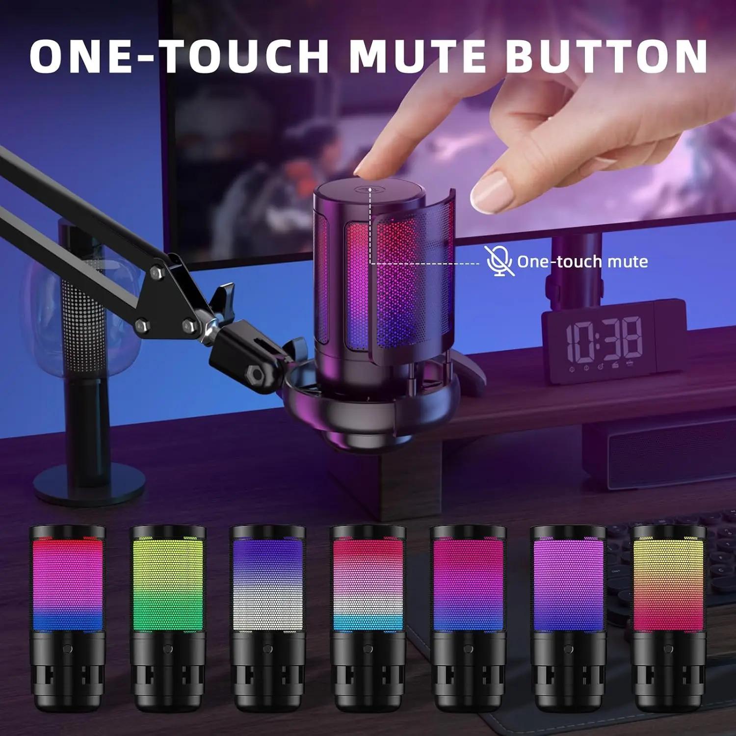 USB Condenser Microphone RGB Esports Game Call Recording Condenser Mic with Metal Boom Stand Desktop Mic for Studio Recording