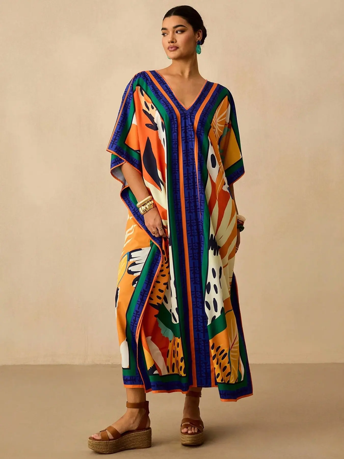 Women's Elegant Long Abaya Maxidresses with Print, Loose Fit Spring Summer Fall Pullover, Casual Plus Size Middle Eastern Fashion Outerwear