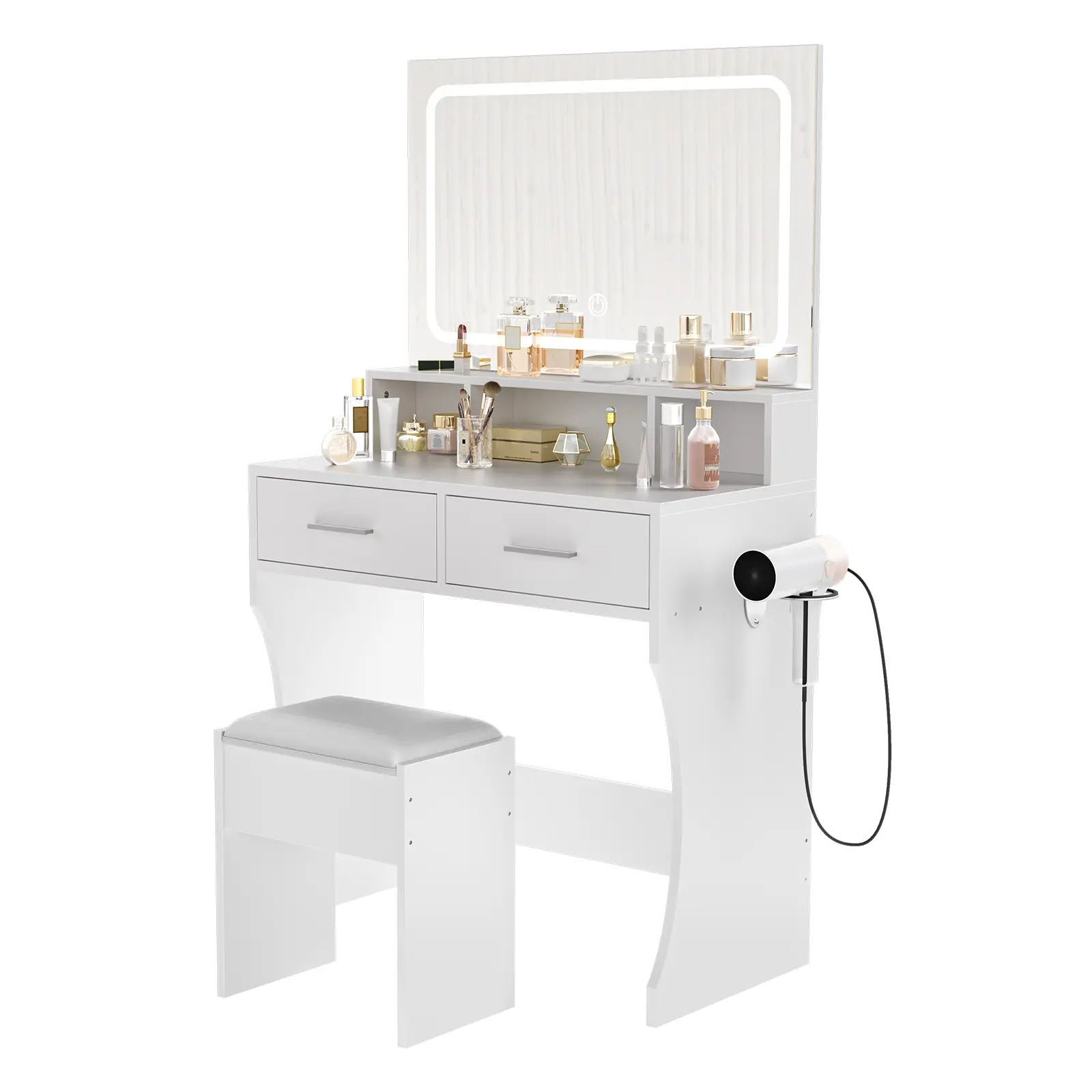 Lighted Makeup Vanity Desk – LED Mirror, Charging Station, Storage Drawers & Shelves, Cushioned Stool, Modern Wooden Dressing Table