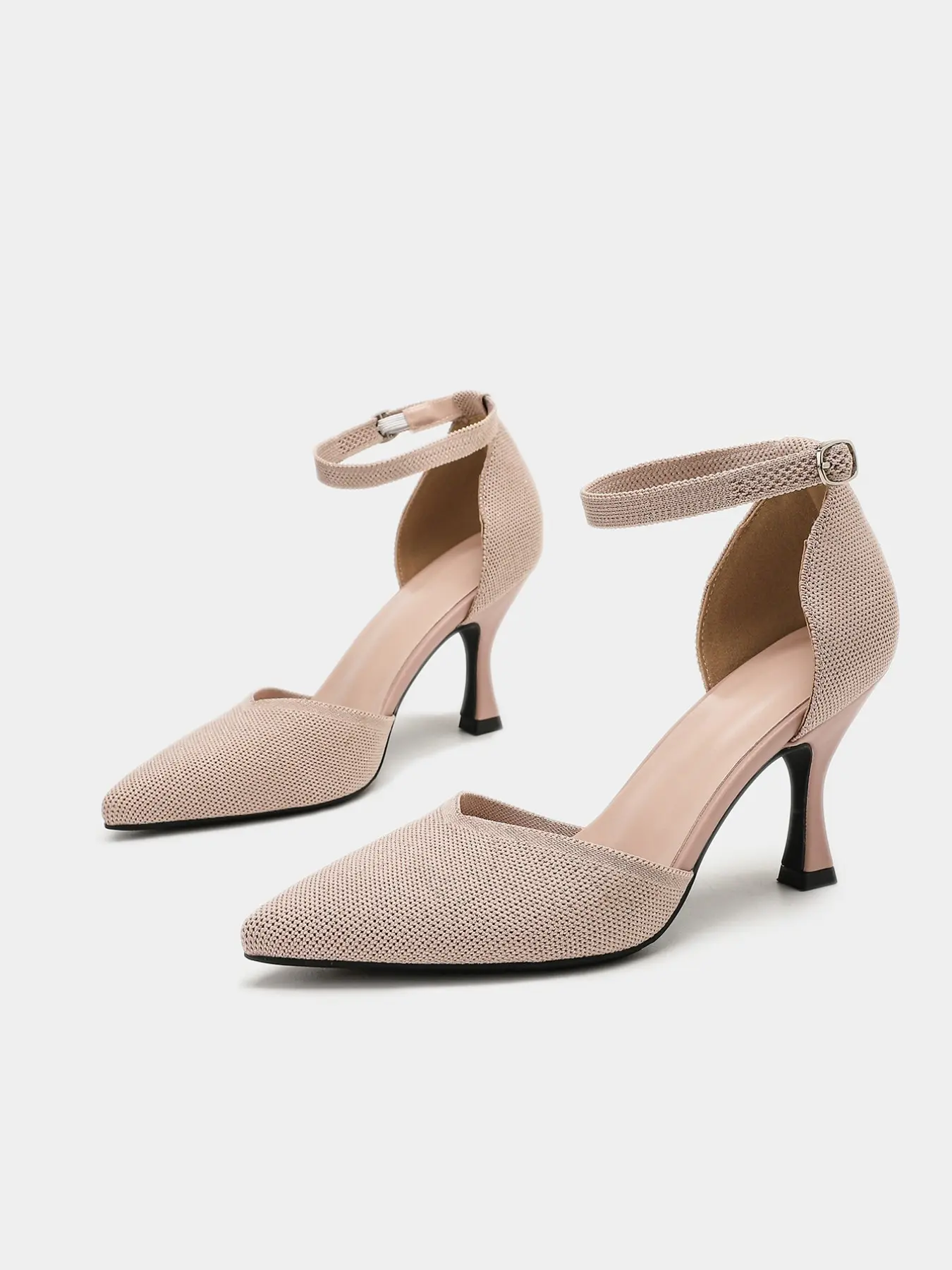 Pointed Toe Hollow Flared Heel Women's Heels, knit glitter upper with adjustable ankle buckle strap. Available in Black, Cream Beige and Nude Pink. Elegant and classy, ideal for bridal weddings, dinners, dates, parties and business events