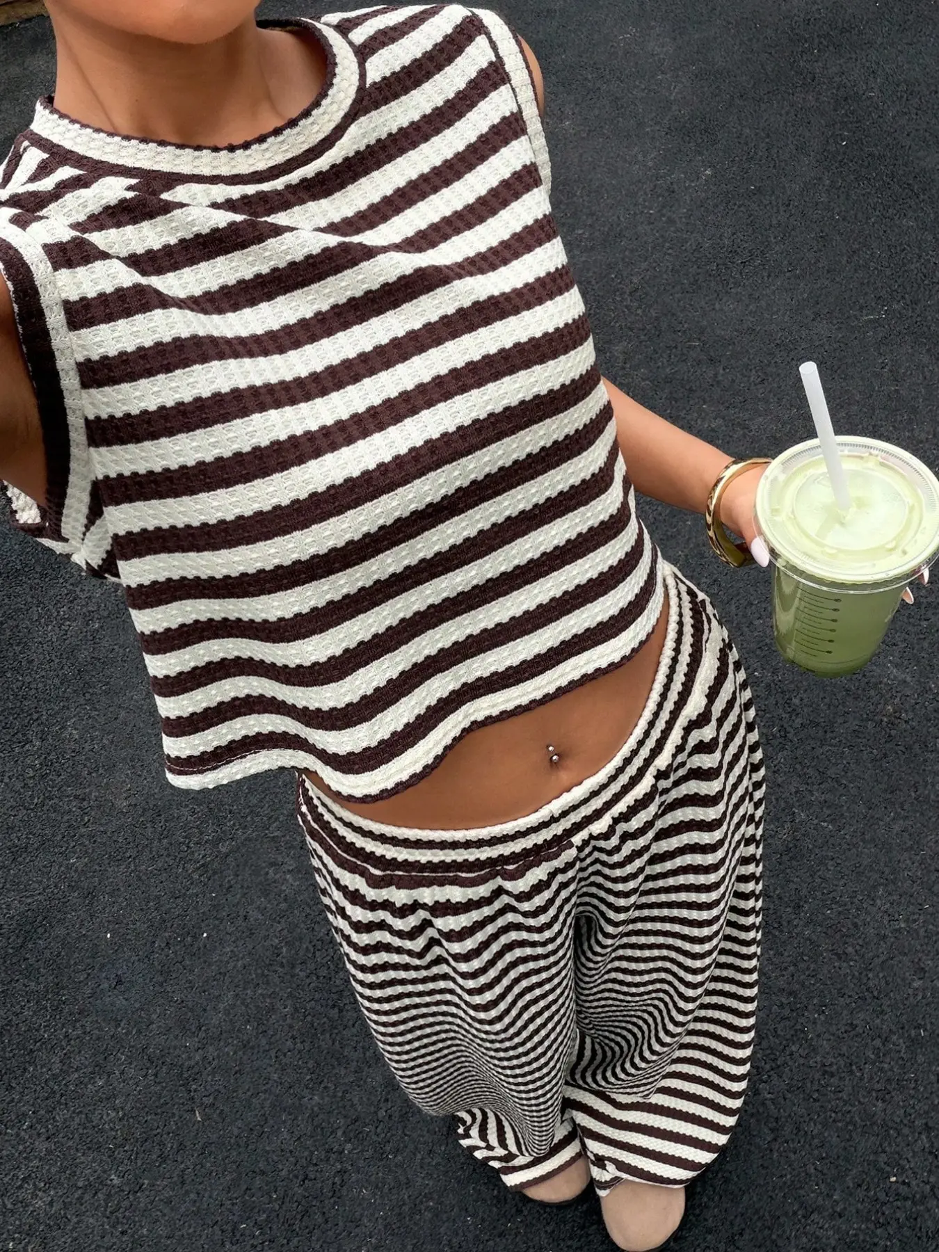 Women's Striped Knit Casual Matching Set, Cropped Sleeveless Top and Baggy Wide Leg Pants 2 Piece Outfit for Y2K Streetwear, City Walk, Weekend and Summer Looks Clothes