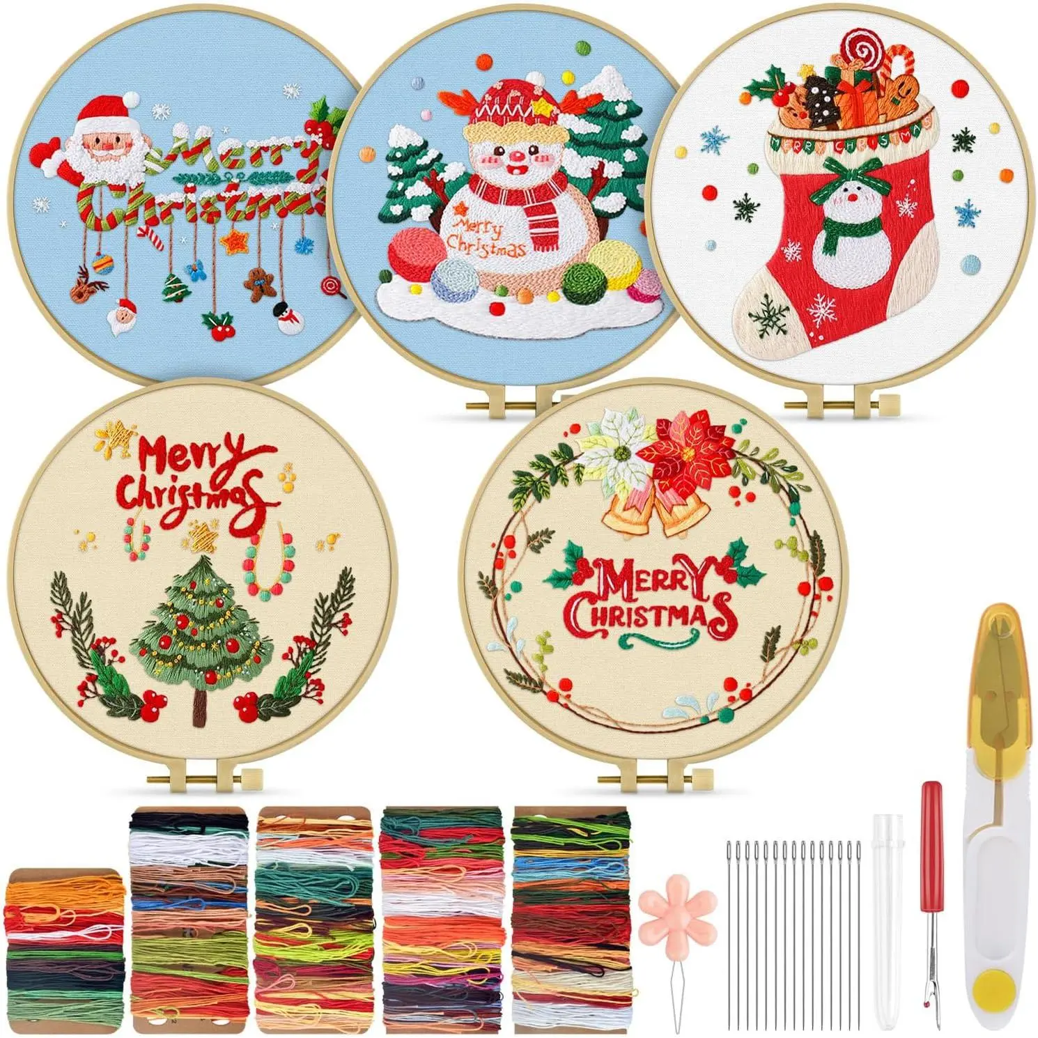 Christmas Embroidery Kit for Adult, 5 Pack Embroidery DIY Starter Kit, with Stamped Patterns, Hoop, Tools, Colorful Threads with , Instructions | 5 Pack with Stamped Patterns, Hoop, Tools, Colorful Threads with , Instructions