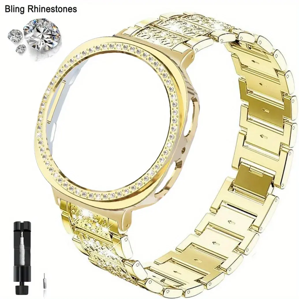 Women's Adjustable Luxury Bling Diamond Metal Creative Business Replacement Band Set - Stainless Steel Watch Band, Case, Resizing Tool for Samsung Galaxy Watch 8 (40mm, 44mm) in Black, Gold, Rose Gold, Silver