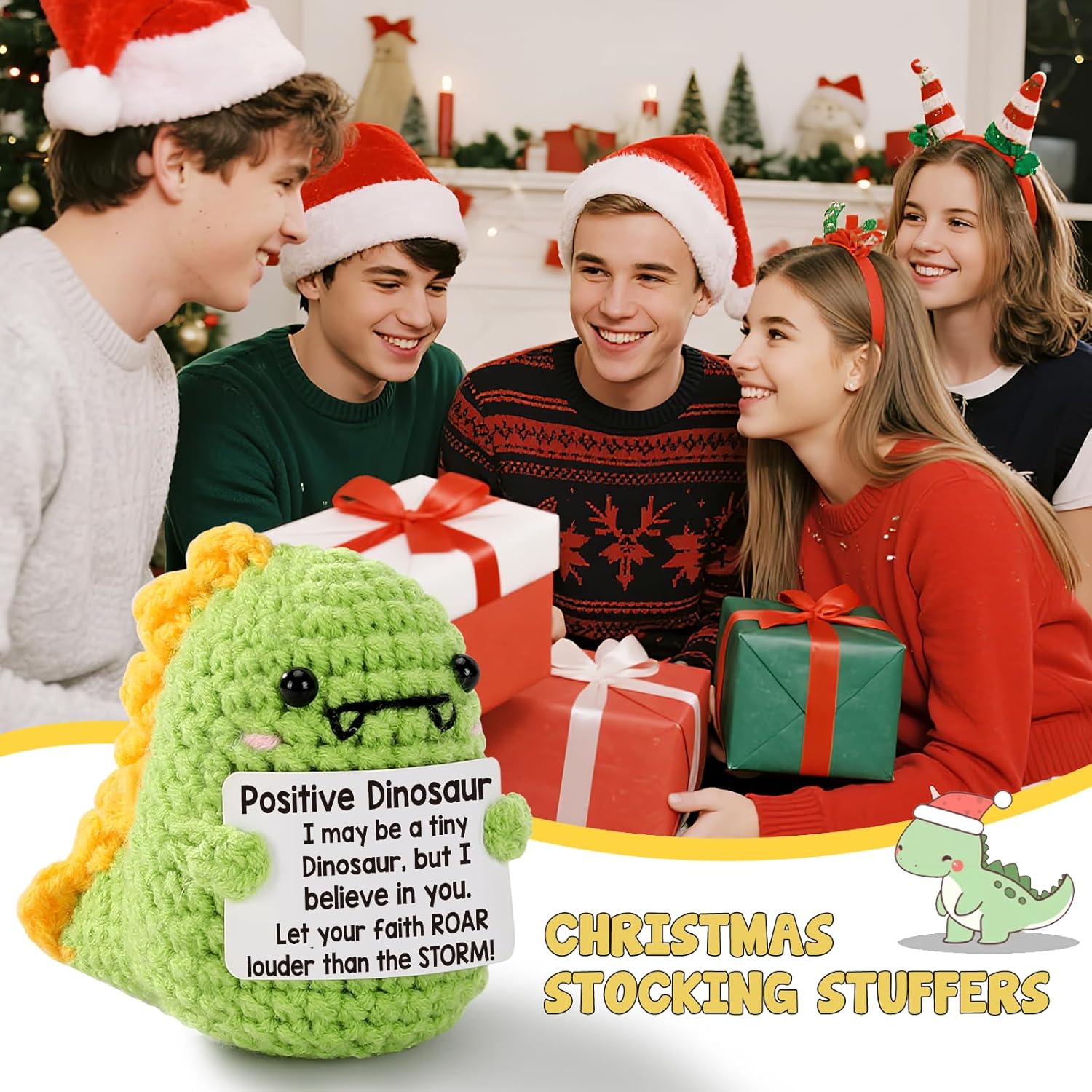 Cute mini handmade inspirational dinosaur plush! This little positive crochet dino is the perfect sweet gift for friends, family, colleagues and loved ones. Great as encouragement presents, birthday gifts and Christmas stocking stuffers for everyone.