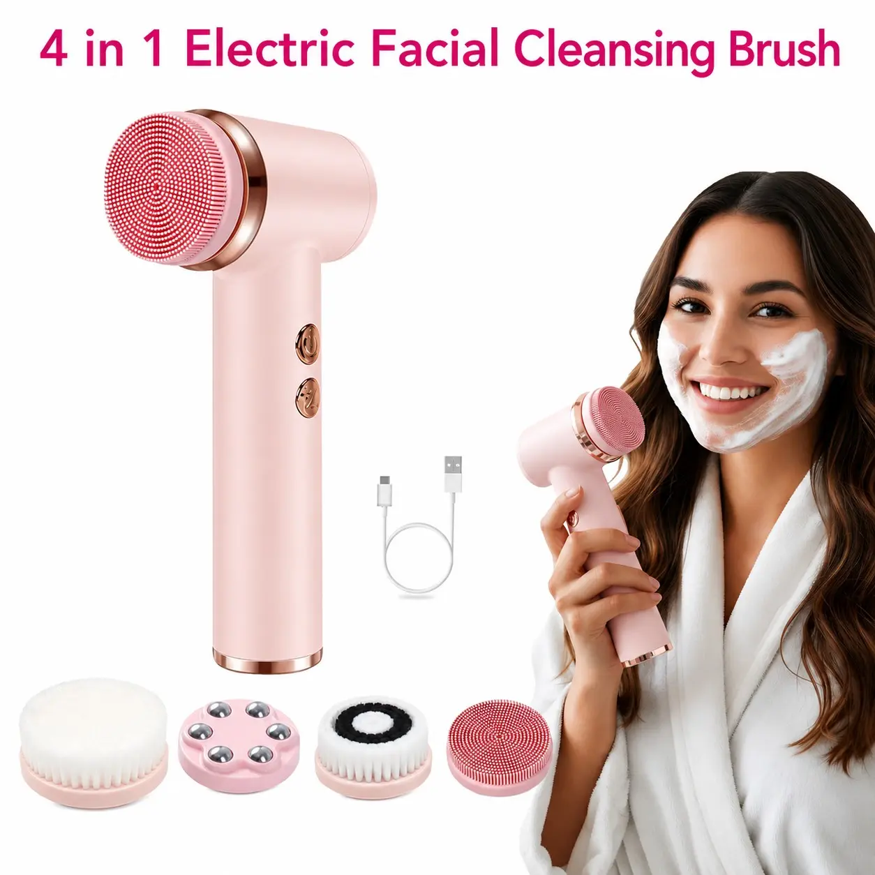 4-in-1 Electric Facial Cleansing Brush with Large Silicone Brush Head, Pink Set, Exfoliating & Facial Massage Tool for Women & Men