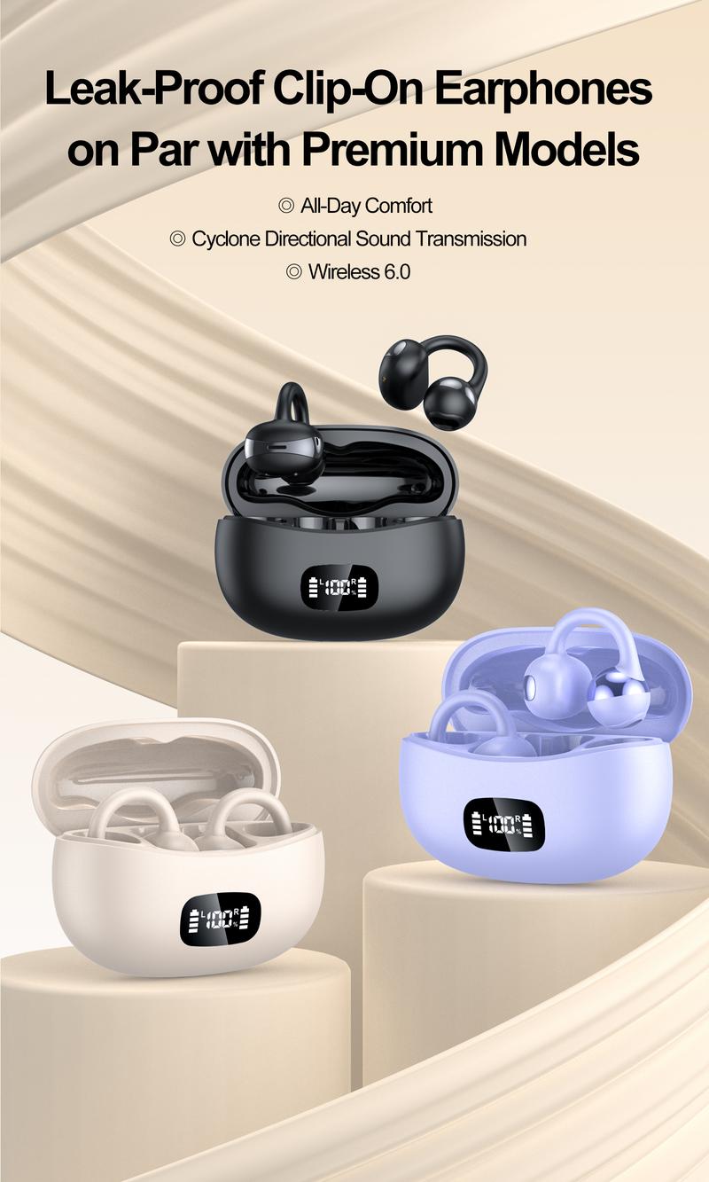 Fluffdrip New YXG-20 Ear Cuff Earphones, 6H Single Playtime (20H+ with Case), All-Day Comfort Clip-On Design, LED Power Display