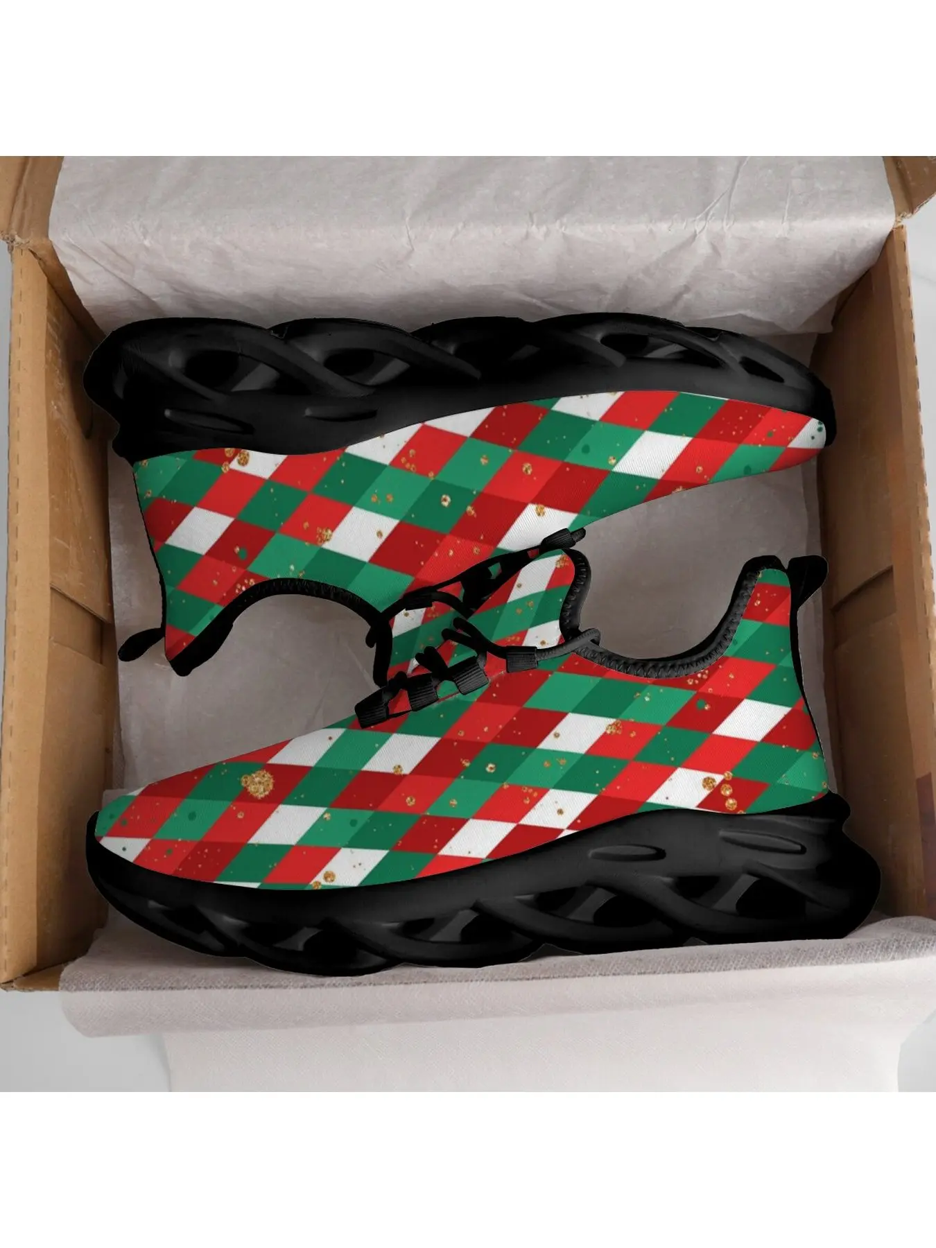 Christmas Red Green Argyle Check Blade Sneakers Men Women Breathable Mesh Lace Up Running Shoes Glitter Golden Speckle Diamond Plaid Hollow Sole Holiday Casual Trainers