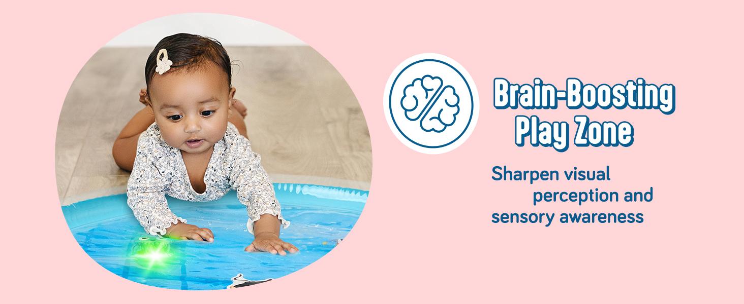 Lights Up Tummy Time Water Mat for Babies, 30" X-Large Baby Water Mat Tummy Time for Sensory with LED Glowing Fishes, Inflatable Fun Pad for Infants Toddlers 3 to 36 mo