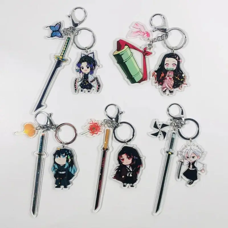 Demon Slayer Keychain Acrylic Charm with Sword Tanjiro Zenitsu Nezuko Anime Cosplay Accessories
