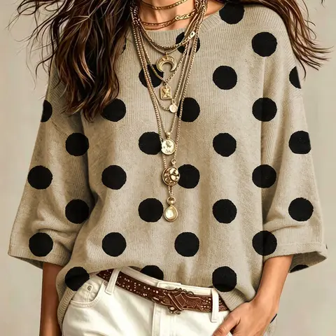 Women's Casual Loose Round Neck 3/4 Sleeve Knit Top, Knitwear Pullover, Geometric Print Batwing Design, Fall Winter, Basic Social Wear