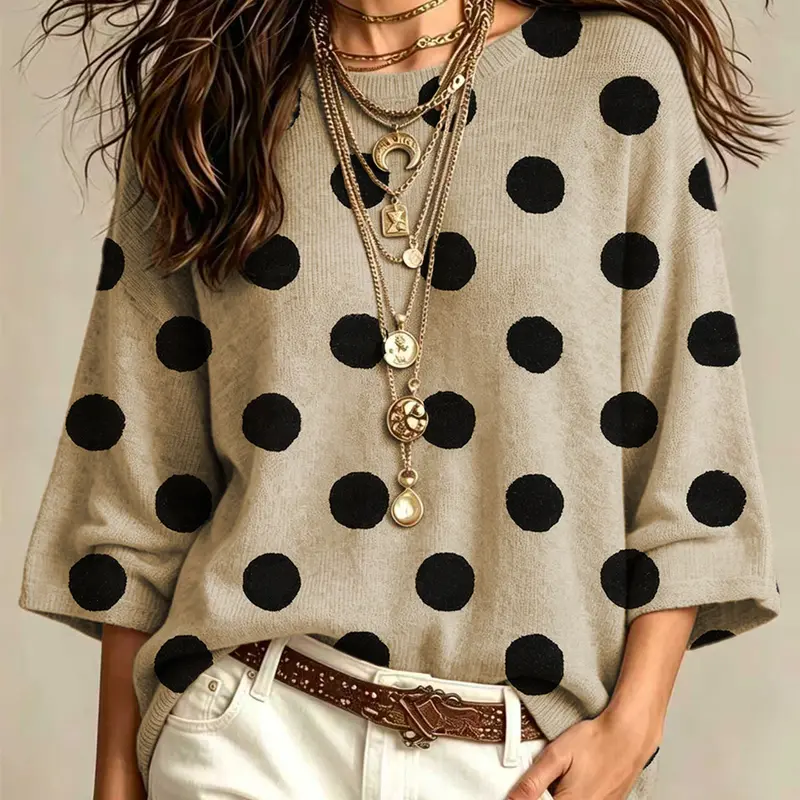 Women's Casual Loose Round Neck 3/4 Sleeve Knit Top, Knitwear Pullover, Geometric Print Batwing Design, Fall Winter, Basic Social Wear
