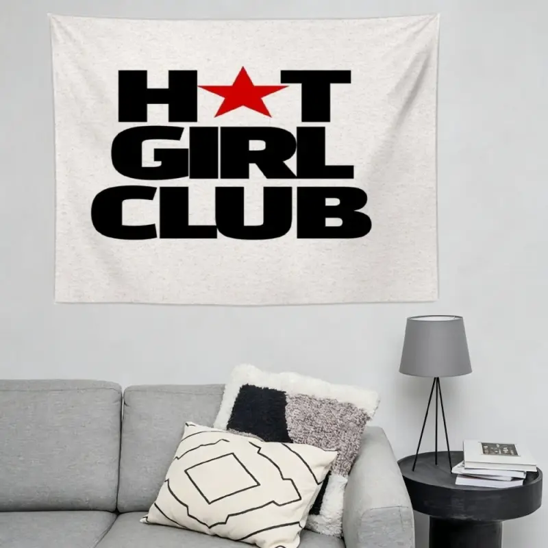Hot Girl Club Tapestry White Background Bold Black Letters Red Star Graphic Wall Hanging Funny Y2K Baddie Quote Aesthetic Girls Bedroom Party Room Decor Dorm Banner Living Room Wall Decor