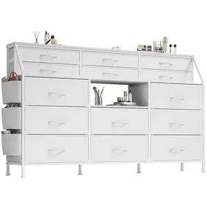 14-Drawer Storage Cabinet with LED & Charging Station – TV Stand for 55" | RGB Lights, 2 AC/2 USB Ports | Metal Frame, Fabric Drawers | For Bedroom, Living Room | Anti-Tip, Adjustable Feet | Modern Organizer | Home Entertainment Center