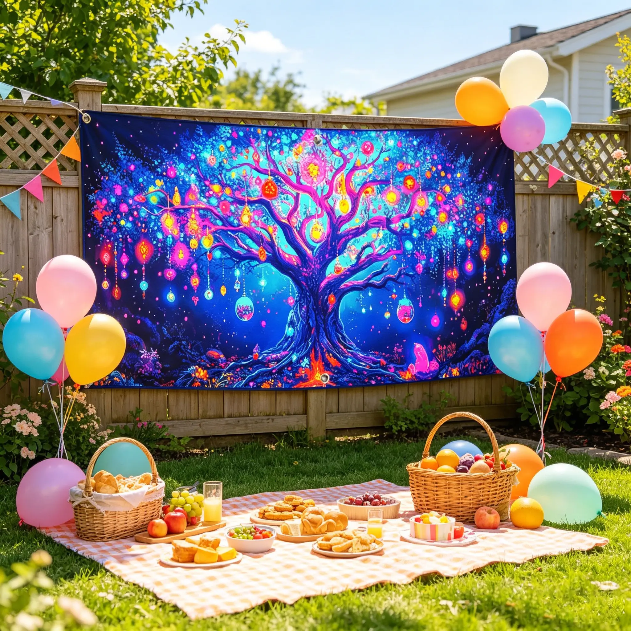 2D Flat Banner 1pc, Neon Elements (non-Luminous), Life Tree Garage Door Banner, Backdrop Banner, Oil Painting Style Polyester Wall Decor, Outdoor/indoor Party Decoration