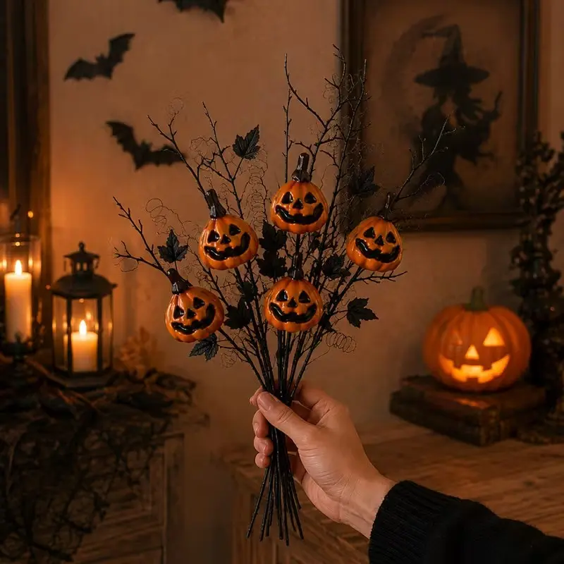5pcs Halloween Pumpkin Decoration Branches, Gothic Style Floral Arrangement, Home Decor, Vase Display, Haunted House Scene, Photo Props