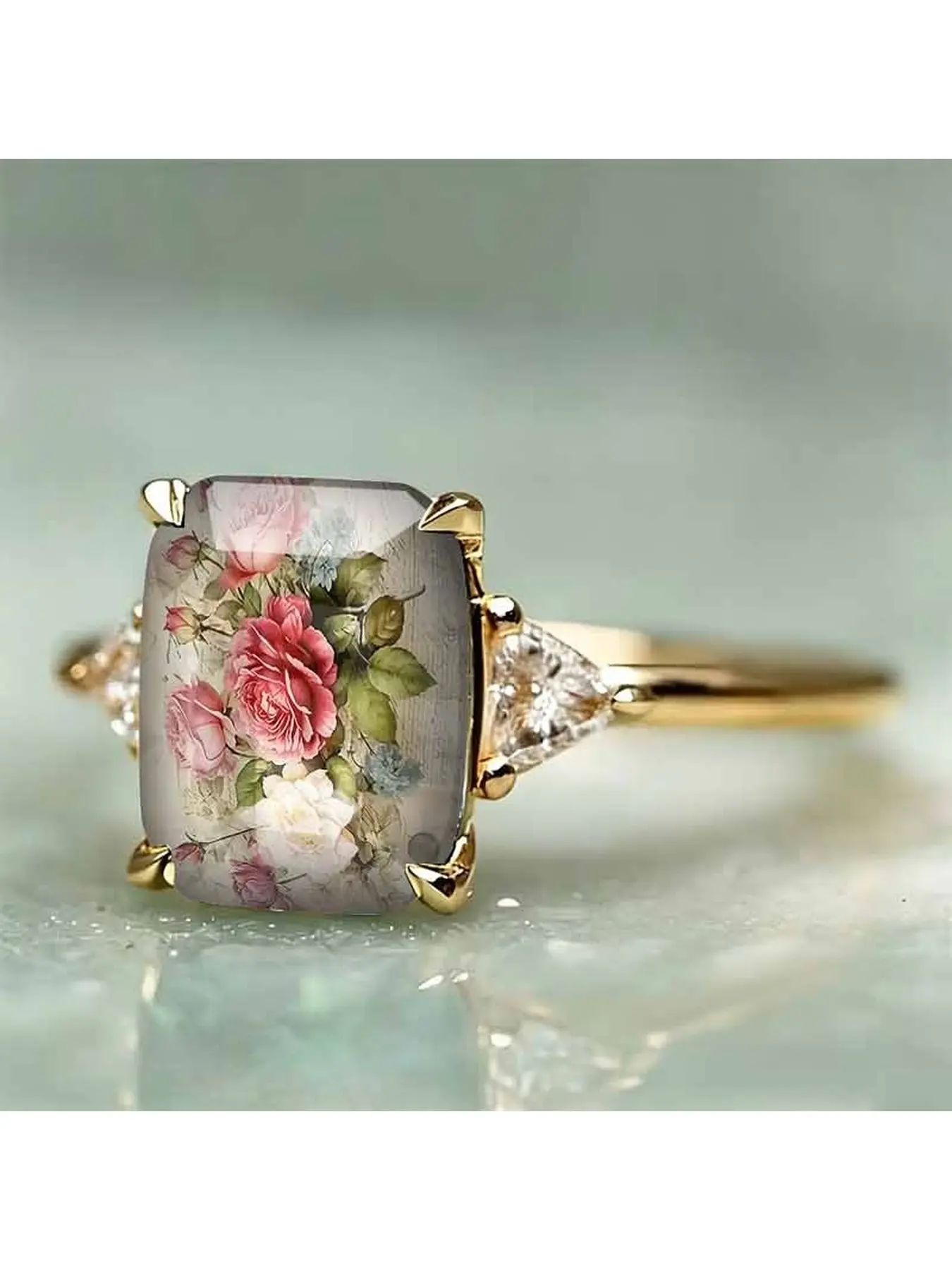 Women's Vintage Oil Painting Pink & White Rose Floral Square Ring, with Triangular Translucent Side Accents, a Delicate Ring for a Soft Aesthetic, a Nature-inspired Artistic Daily Accessory for Women