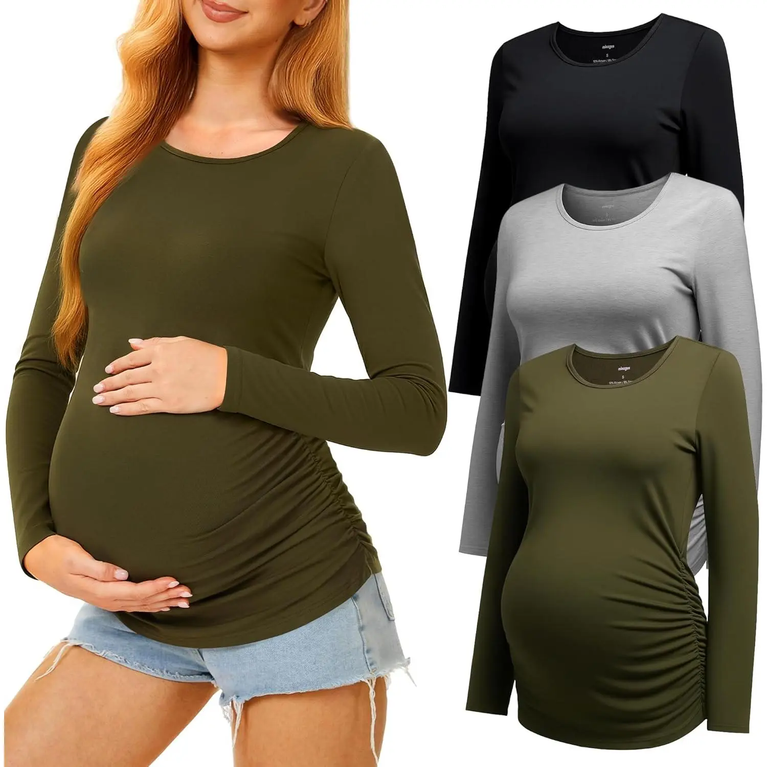 Women's 3-Pack Crew Neck Long Sleeve Maternity Shirts, Tall Cut Casual Tees for Pregnancy & Postpartum Maternity Clothing