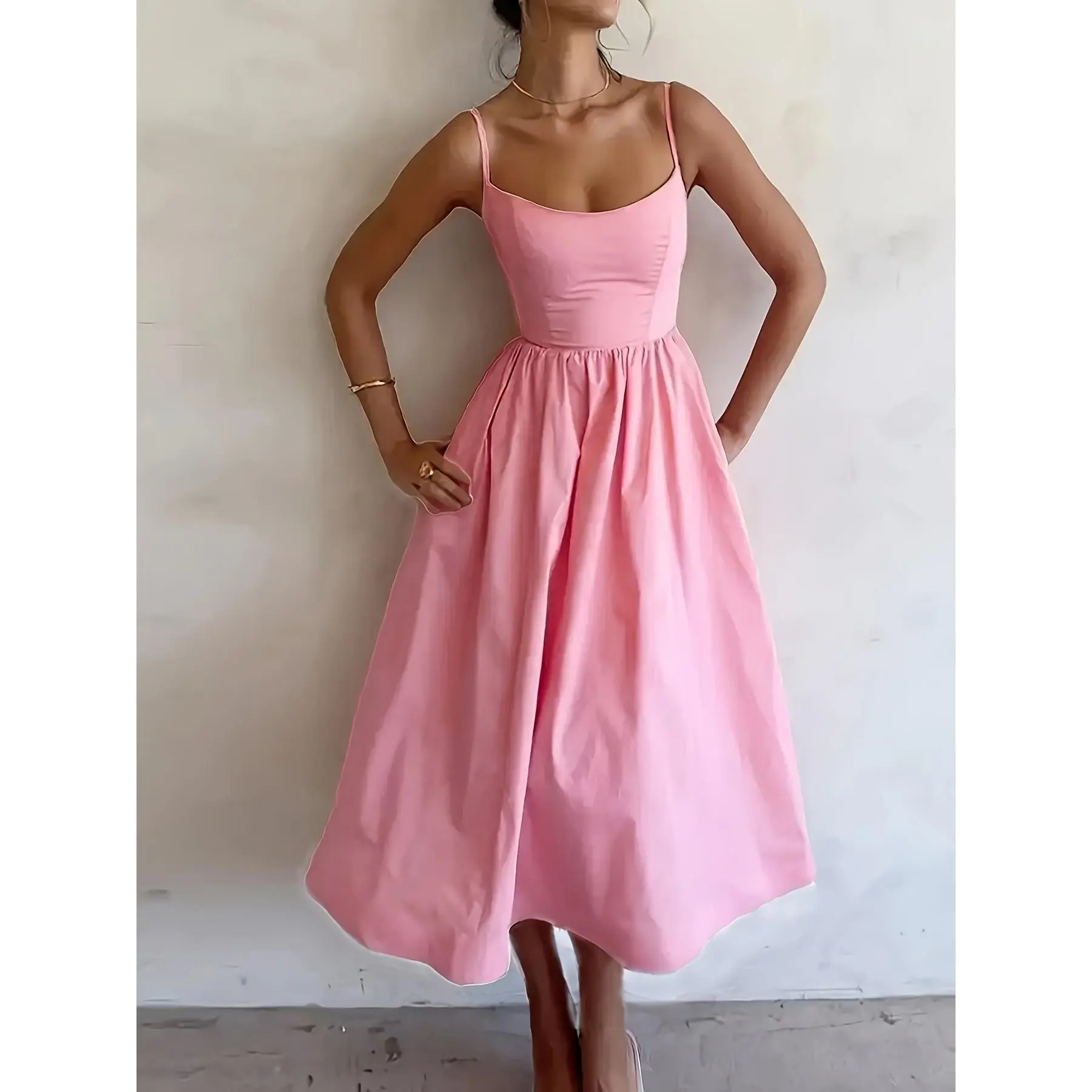 [Sleeveless Dress] Women's Fashion Sleeveless Suspender Dress, Solid Color Pocket Pleated Summer Style Midi Dress