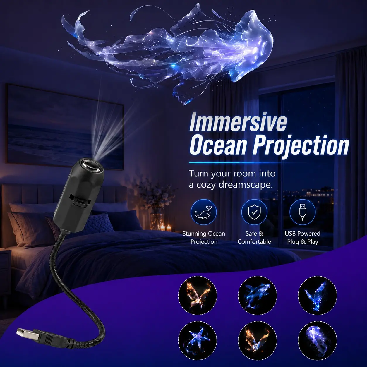 USB Decorative Projector Light, Mini LED Ocean Projection Lamp with 6PCS Pattern Discs, Whale, Jellyfish, Butterfly and Starfish Atmosphere Light for Bedroom and Party Decor
