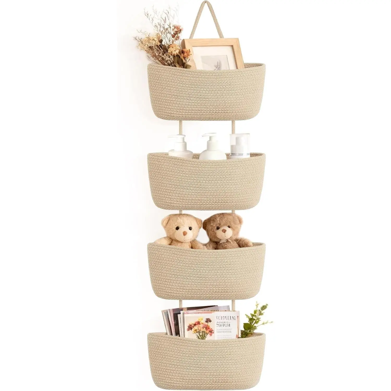 Over The Door Hanging Basket 4-Tier Woven Boho Wall Mounted Storage Organizer with Hooks for Bedroom Nursery Bathroom Apartments Dorm Pantry Decor, Jute