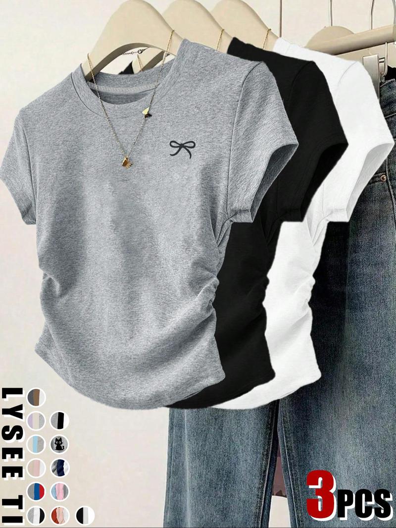 Women's Cat/Bow Print Tee, Casual Short-Sleeve Round-Neck T-Shirt for Daily Wear, Ladies' Clothes for All Seasons