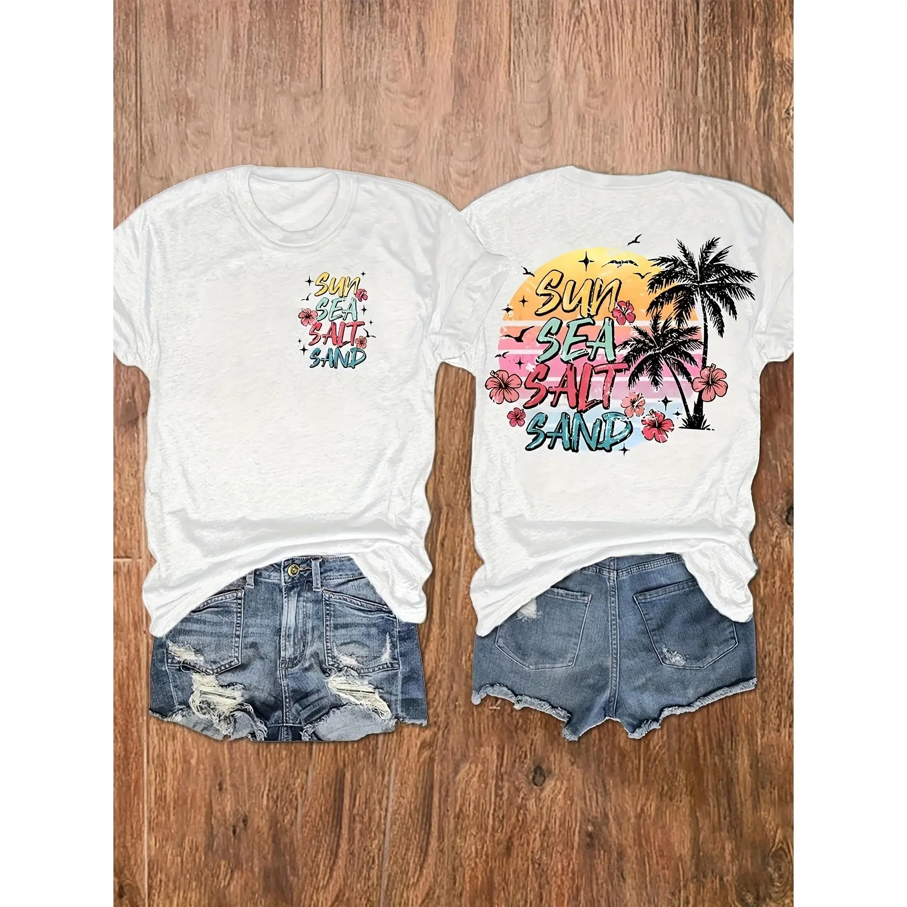 Women's Shortsleeve T-Shirt, Casual Beach Letter Print Top in 100% Combed Cotton, Breathable Basic Everyday Apparel for Summer
