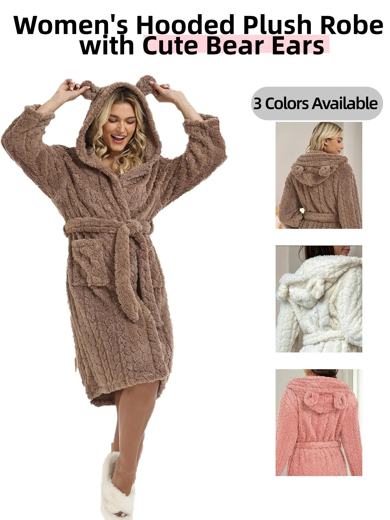 Women's Coral Fleece Hooded Robe with Cute 3d Ears Design, Thick Warm Loungewear, Nightwear, Knee-Length Bathrobe for Winter