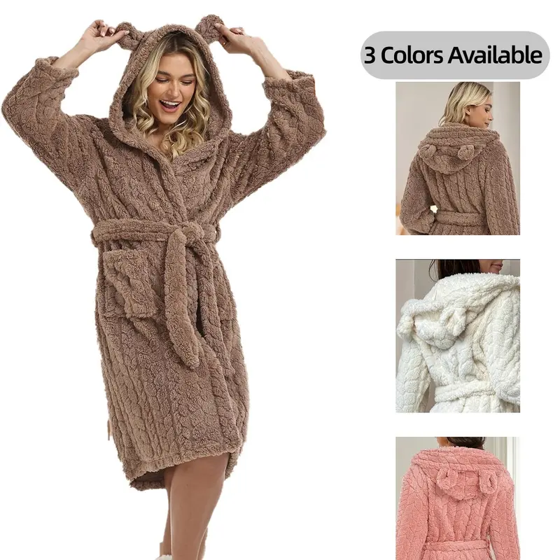 Women's Coral Fleece Hooded Robe with Cute 3d Ears Design, Thick Warm Loungewear, Nightwear, Knee-Length Bathrobe for Winter