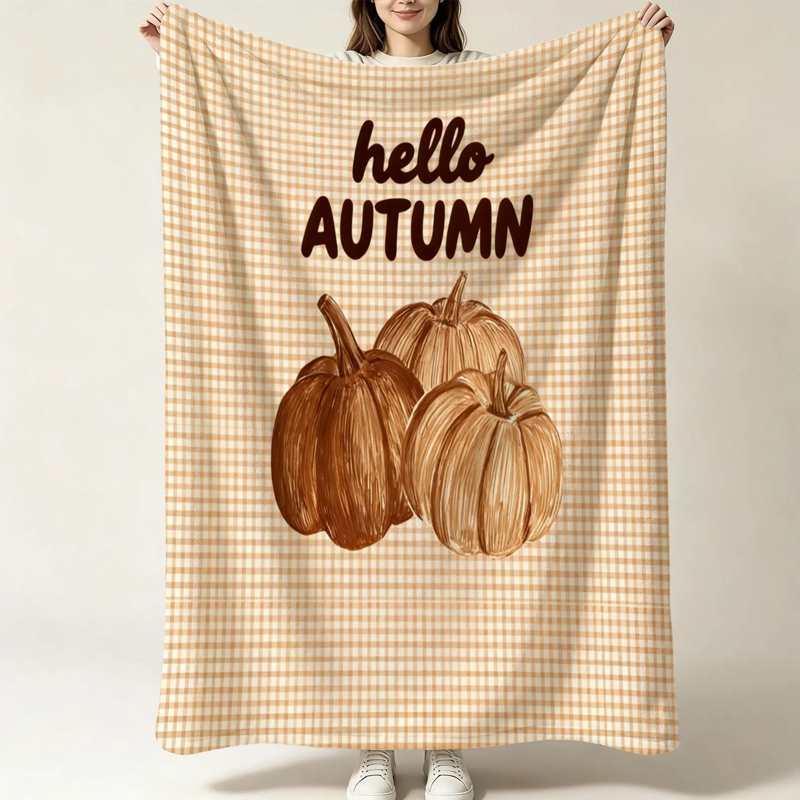 1 Pack Hello Autumn Pumpkin Gingham Flannel Throw Blanket, Lightweight Cozy Gift Blanket, Perfect for American Farmhouse Bedroom, Sofa, Camping, Picnic & Travel, Thanksgiving Fall Home Decor, Decorative Throw Blanket