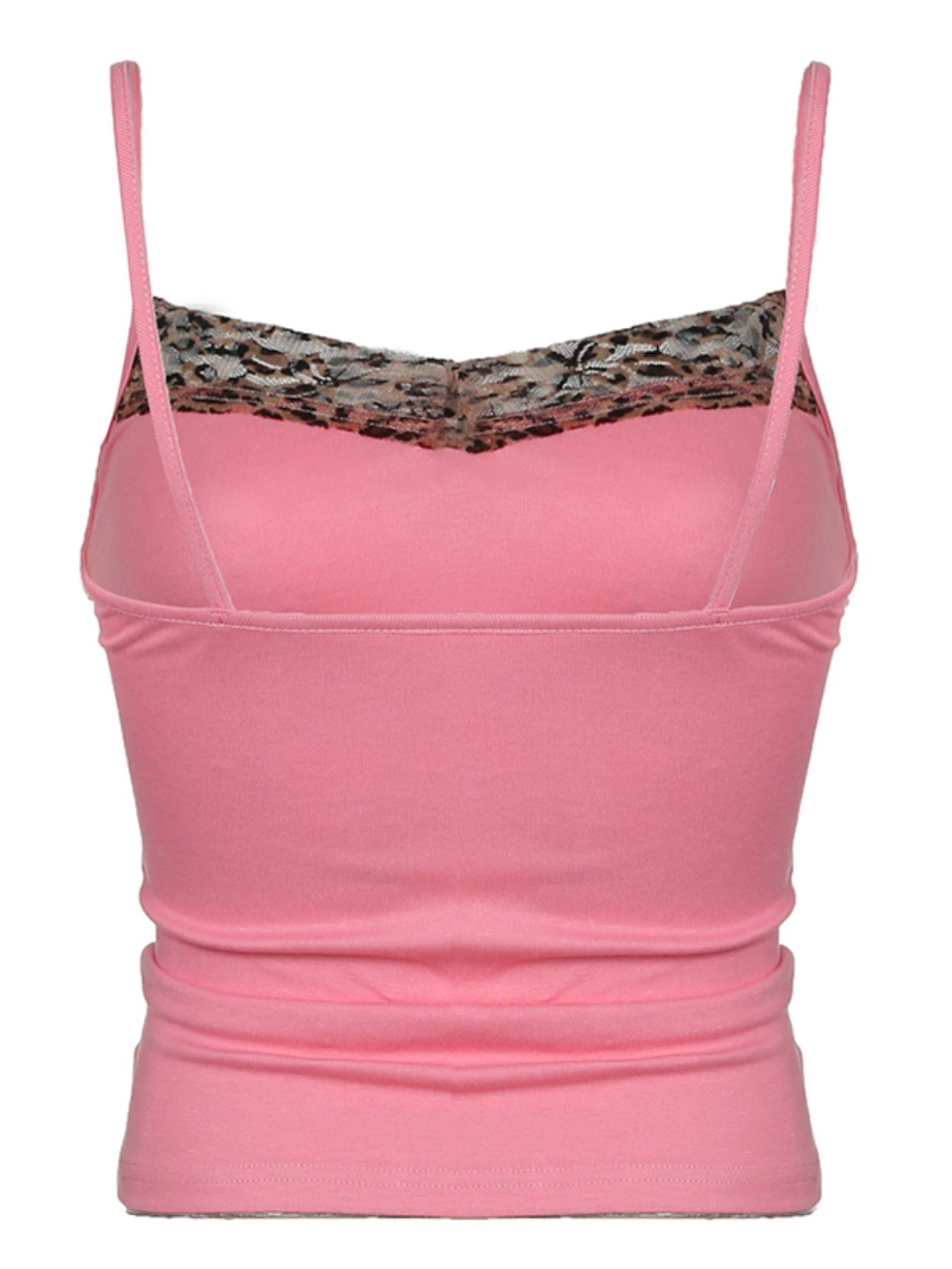 Women's Leopard Print Bow Decor Contrast Mesh Cami Top, Casual Spaghetti Strap Top for Summer, Ladies Clothes for Daily Wear, Casual Comfy Cami