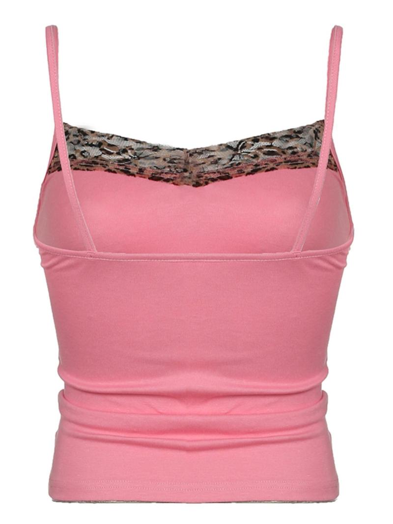Women's Leopard Print Bow Decor Contrast Mesh Cami Top, Casual Spaghetti Strap Top for Summer, Ladies Clothes for Daily Wear, Casual Comfy Cami