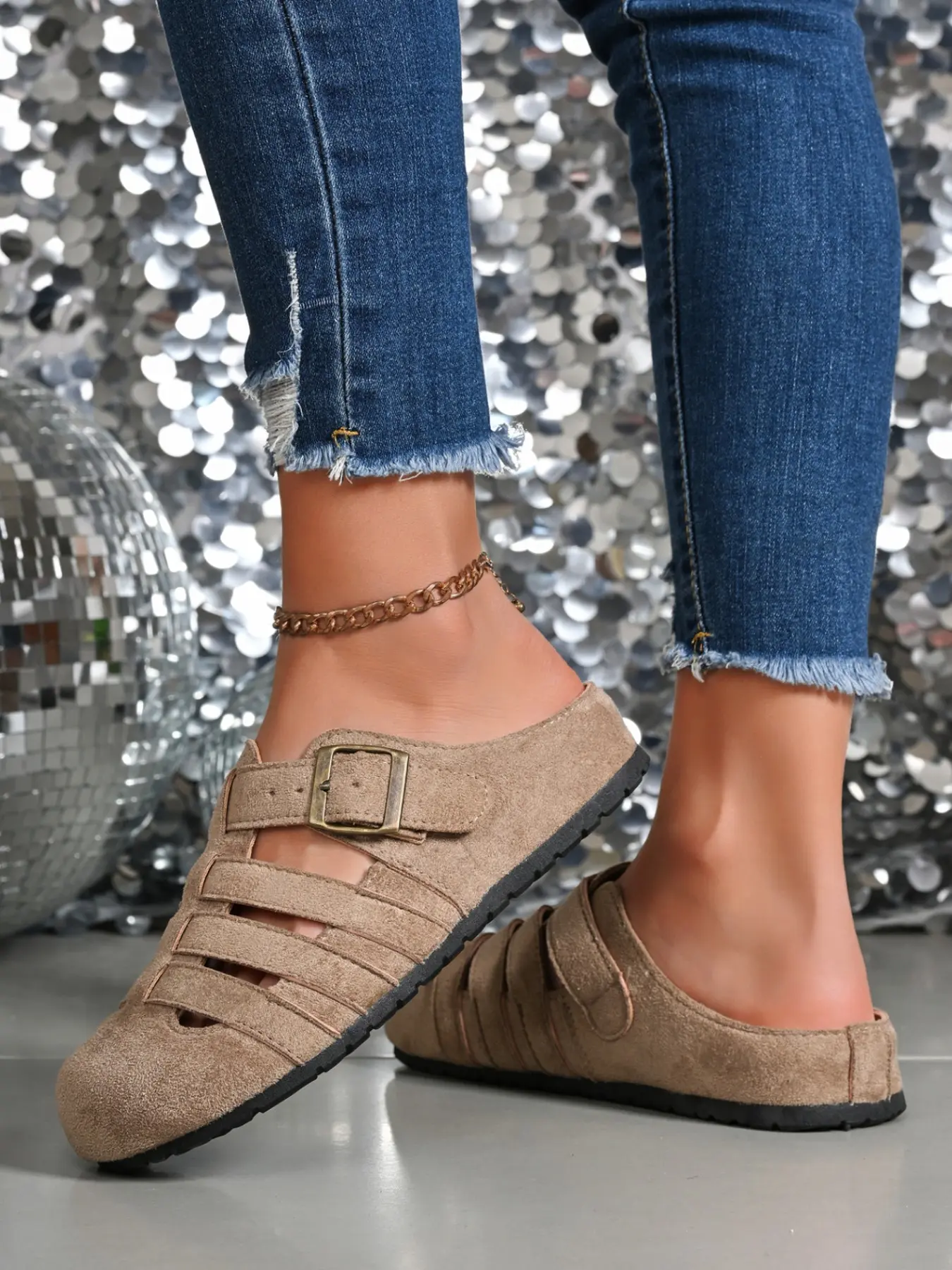 Women Minimal Full Matte Faux Suede Cage Multi Hollow Cut Single Buckle Closed Toe Mule Slides Breathable Sweat Wicking Shock Absorb Thin Flat Sole Summer Travel Street Shoes, 3 Colors Mustard Yellow Taupe Brown Avocado Green