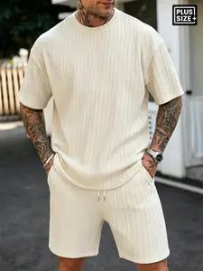 Plus Size Men's Ribbed Knit 2-Piece Summer Outfit, Cream Casual Short Sleeve T-Shirt & Drawstring Shorts Set, Streetwear Loungewear for Daily, Beach & Vacation