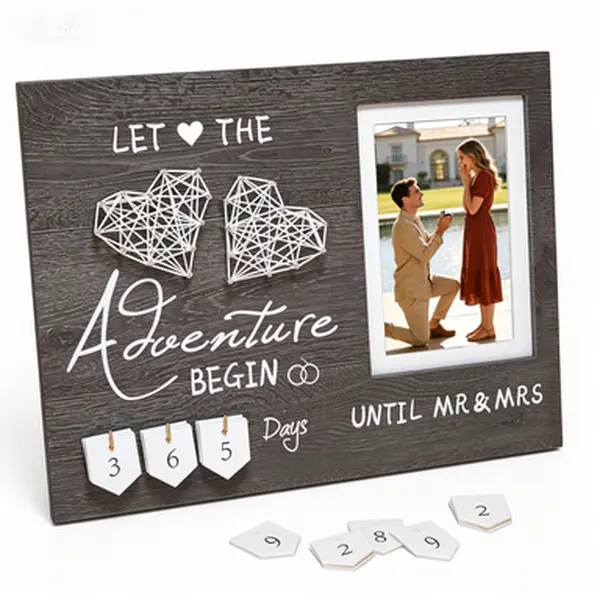 Cotton Photo Frame Gift Box - Couple Gifts for Adults, Wall Mount Wall Decor, Adventure-Themed Keepsake for Engaged Couples, Hearts Accent for Wedding Countdown, Diamond Rings Presentation Memento