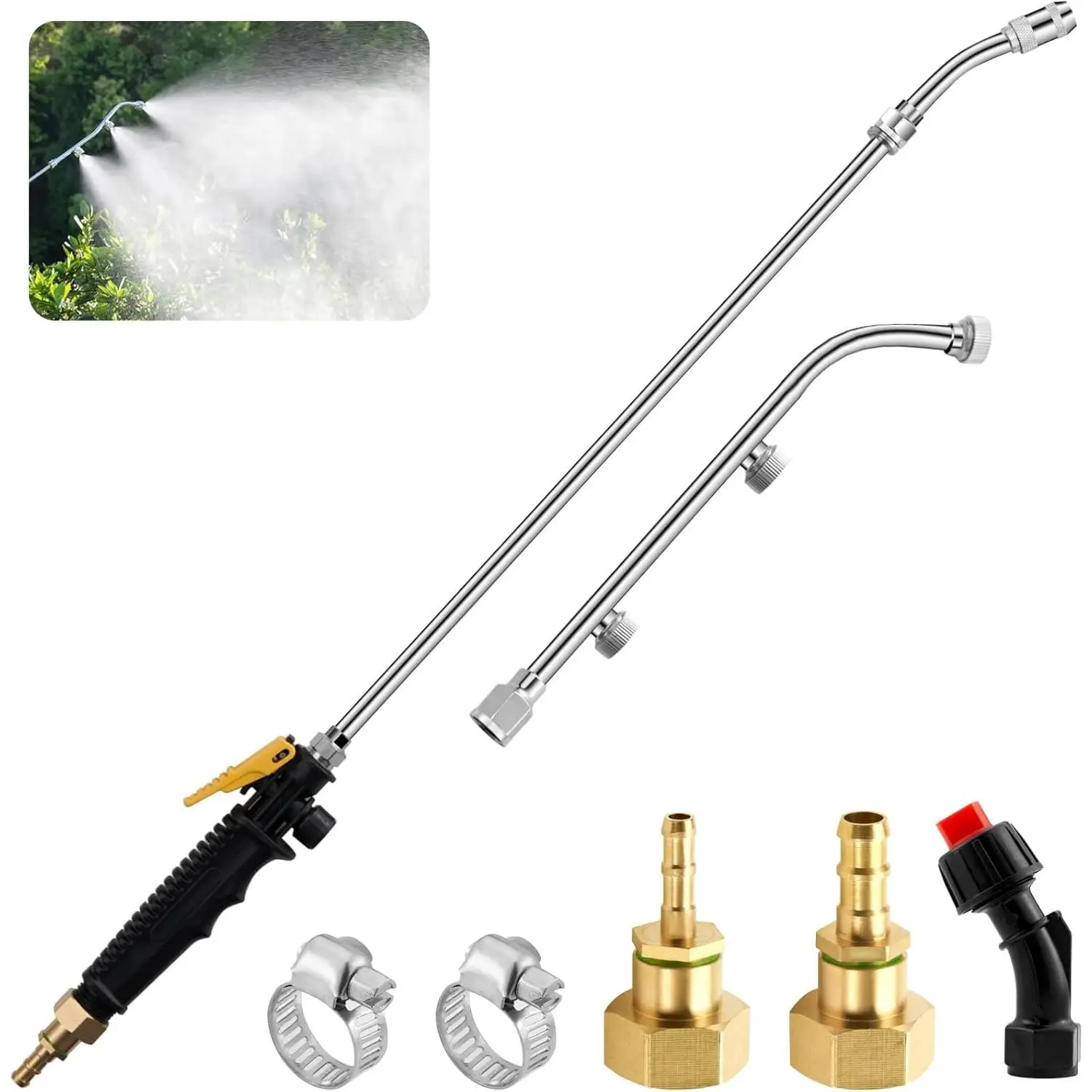 Pump Sprayer Wand with 3 Types of Nozzles, Fan Nozzle Replacement Sprayer Wand, Stainless Steel Sprayer Wand Replacement with 1/4" & 3/8" Brass Barb and 2 Hose Clamps (Plastic Handle)