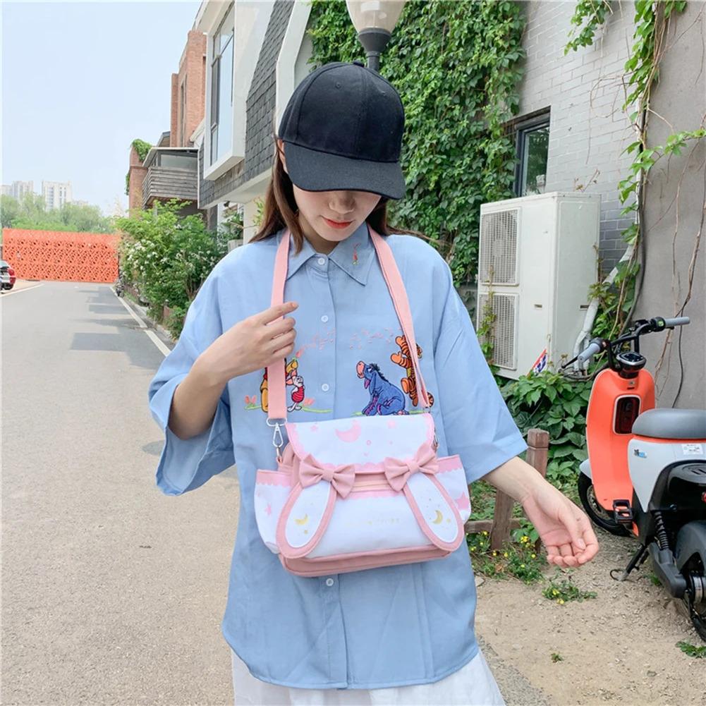Y2K Cute Girl Lolita Bow Rabbit Shoulder Bag Women Star Moon Canvas Crossbody Bags Korean Kawaii Satchel Bag Sweet Messenger Bag