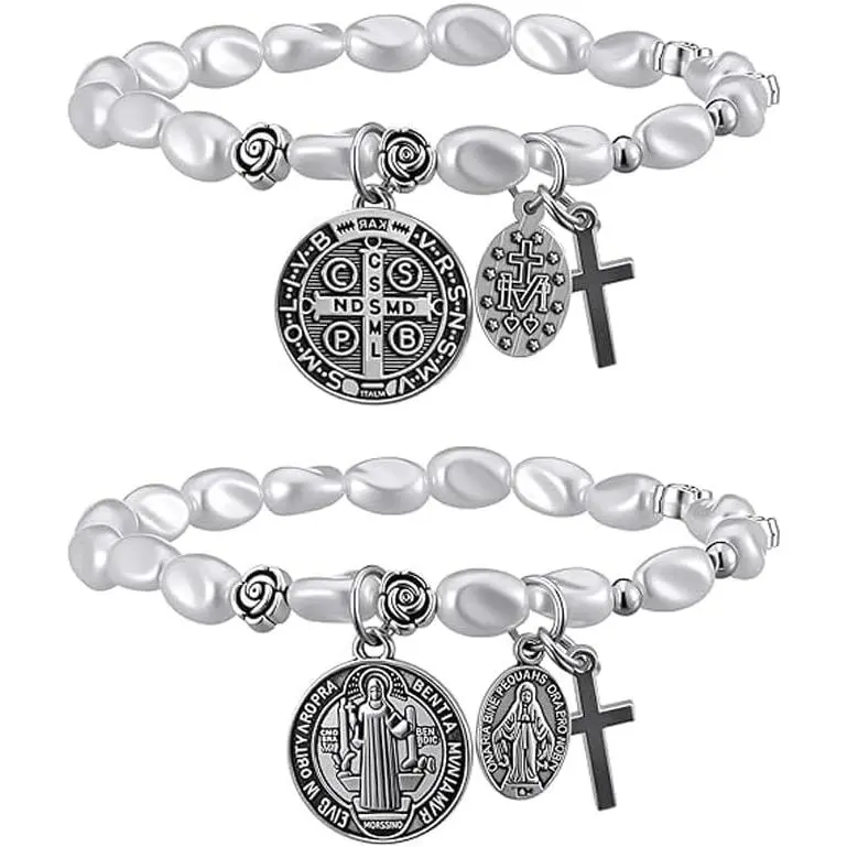2-Pack Rosary Bracelets for Women Catholic . Benedict Medal Rosary Bracelet Adjustable Elastic Design Multifunctional Catholic   Holiday
