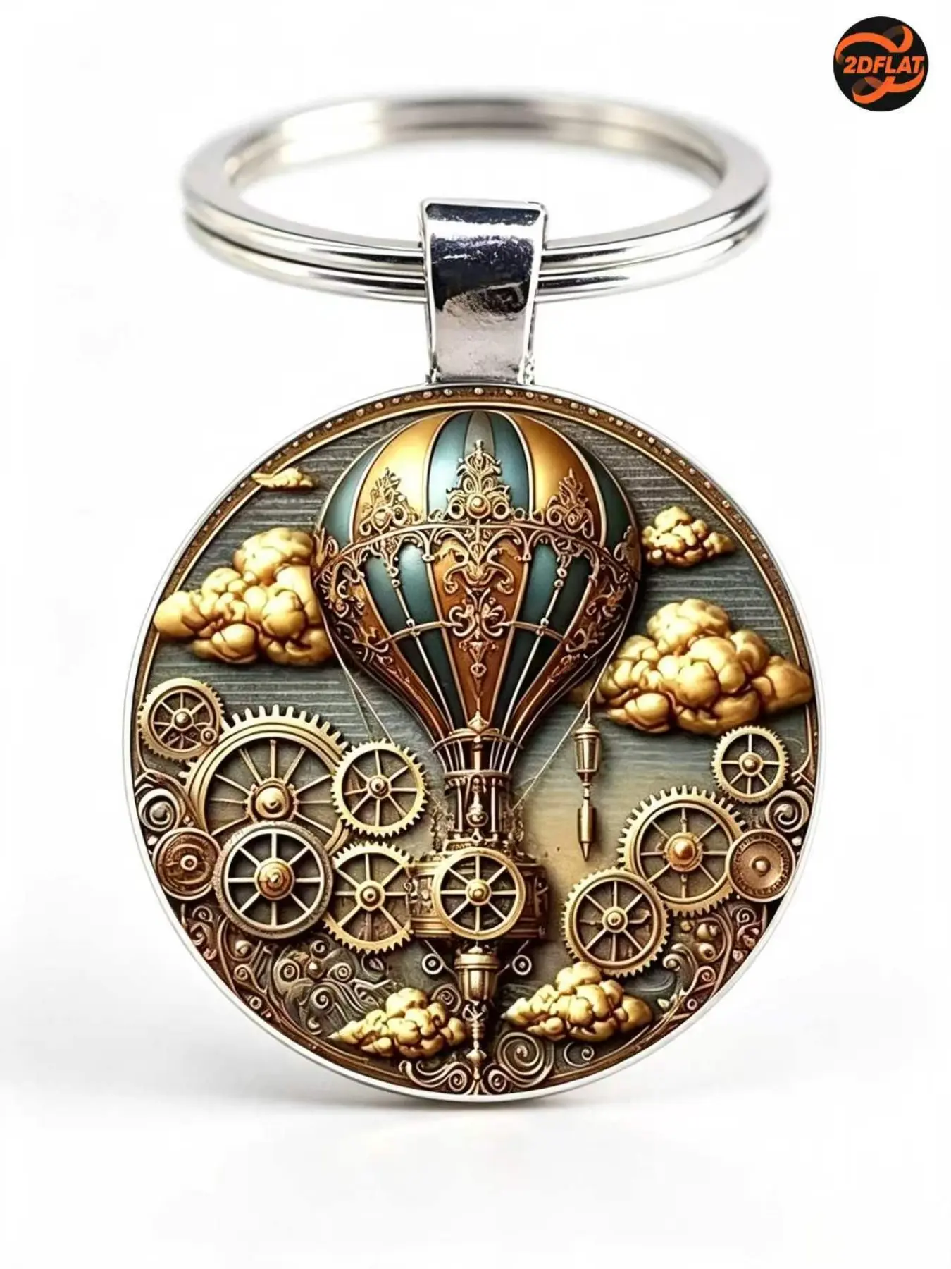 Steam Punk Hot Air Balloon Keychain, Unisex Fashion Accessory, Round Glass Design, Perfect for Halloween, Christmas, Keys, Bags, Cars