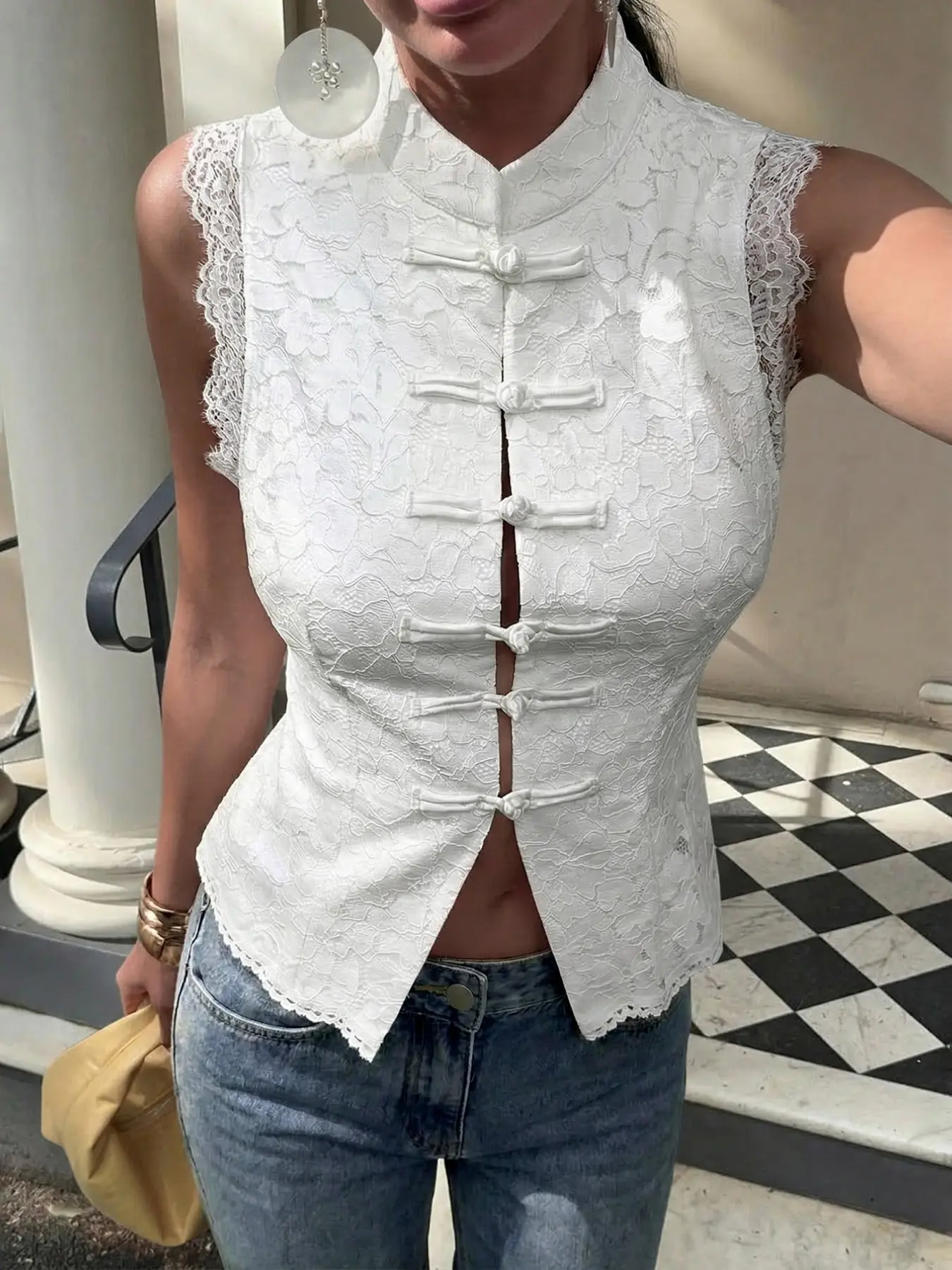 Floral Lace Mandarin Collar Sleeveless Blouse Front Frog Button Slim Fit Vest Top Scallop Trim Chinese Style Elegant Going Out Top Summer Streetwear Chic Casual Party Tank Y2K Vintage Women White Top Casual Comfy Classy