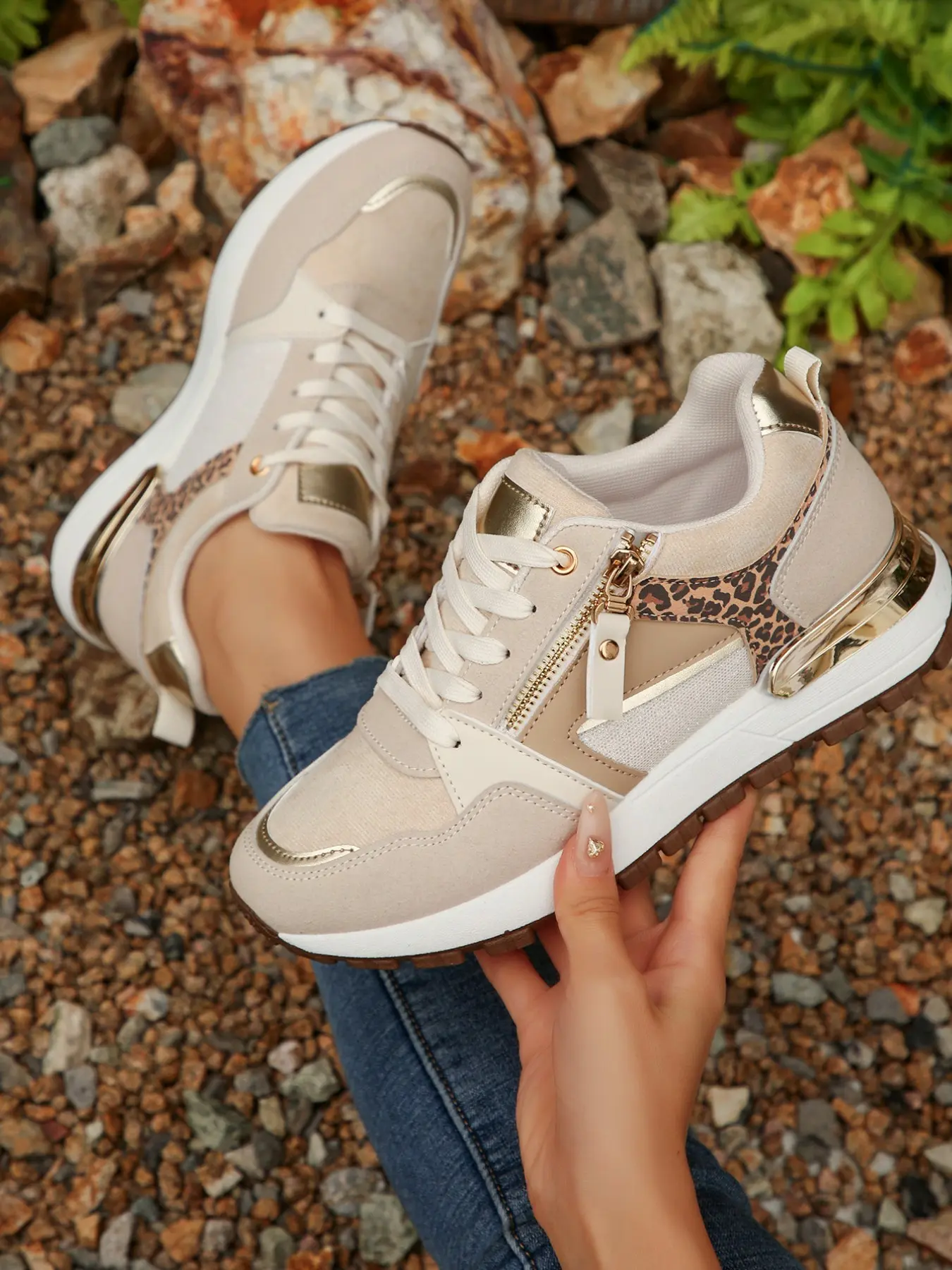Women's Apricot Leopard Print Sneakers, Side Zipper Metallic Trim, Suede Mesh Platform, Lightweight Non-Slip Casual Trainers